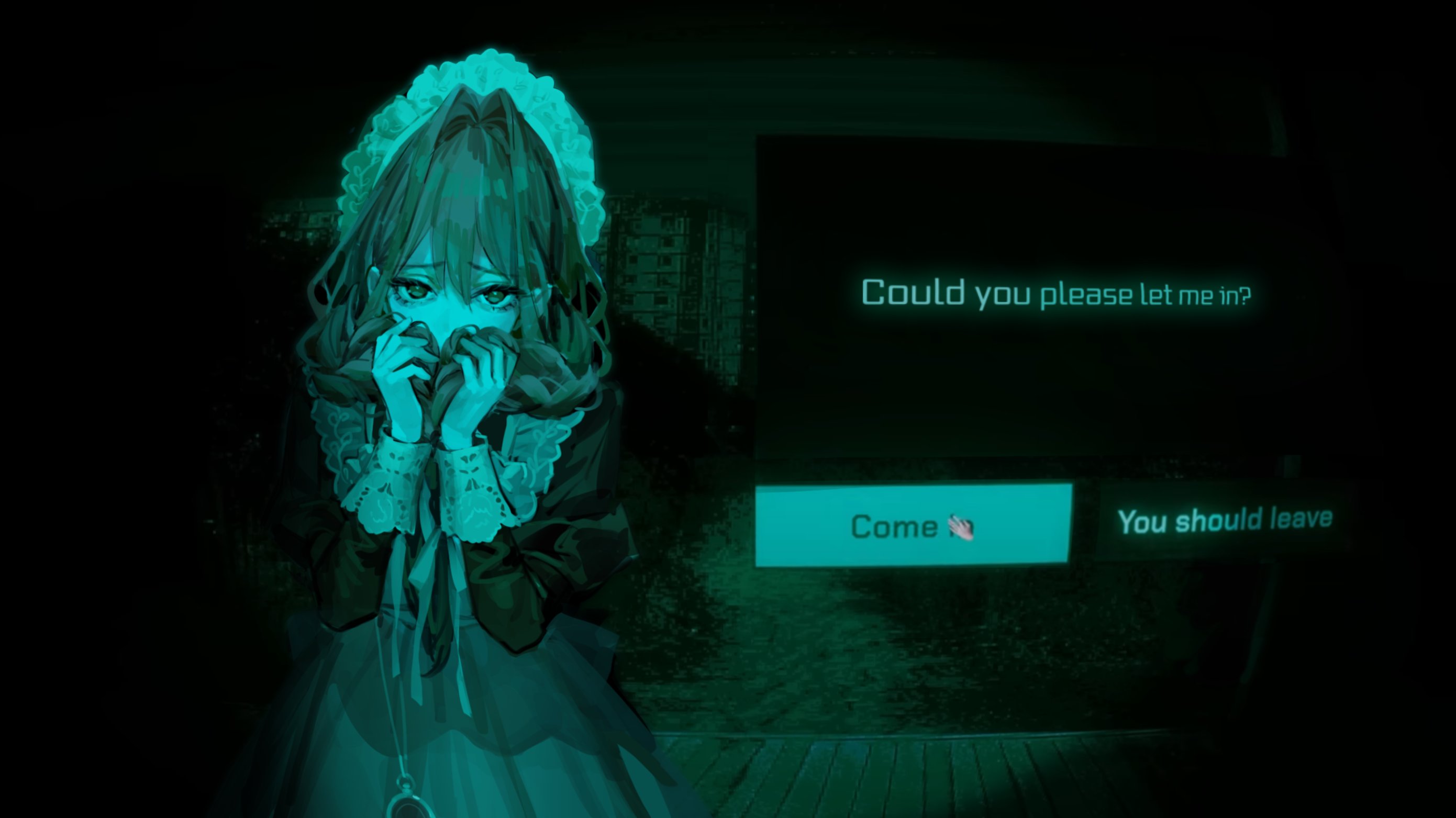 yd (orange maru), ouro kronii, ouro kronii (maid), no i'm not a human, highres, apron, braid, dialogue box, dialogue options, english text, frilled wrist cuffs, frills, game screenshot background, green theme, hair intakes, holding, holding own hair, long sleeves, low twin braids, maid, maid apron, maid headdress, pocket watch, pov peephole, screenshot background, solo, twin braids, twintails, watch, wrist cuffs