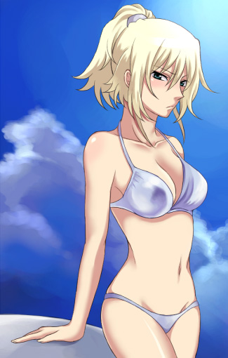 kuro (pizz66), marlene vlady, gundam, gundam 00, gundam 00p, 00s, 1girl, bikini, blonde hair, blue eyes, blush, breasts, cleavage, day, female focus, large breasts, ponytail, solo, swimsuit, white bikini