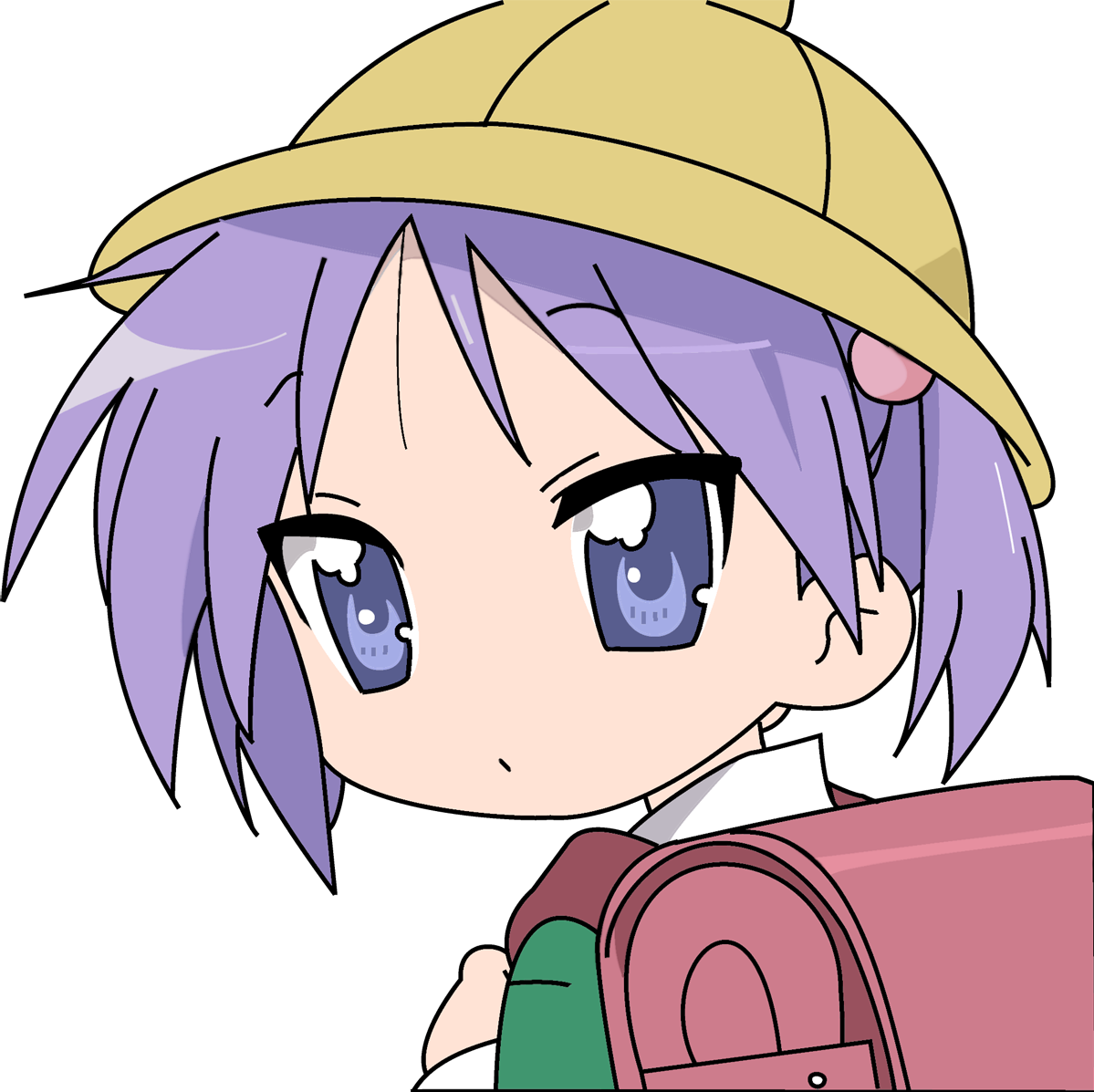hiiragi kagami, lucky star, derivative work, vector trace, 00s, closed mouth, dot mouth, hat, purple hair, school uniform, serafuku, solo, yellow hat