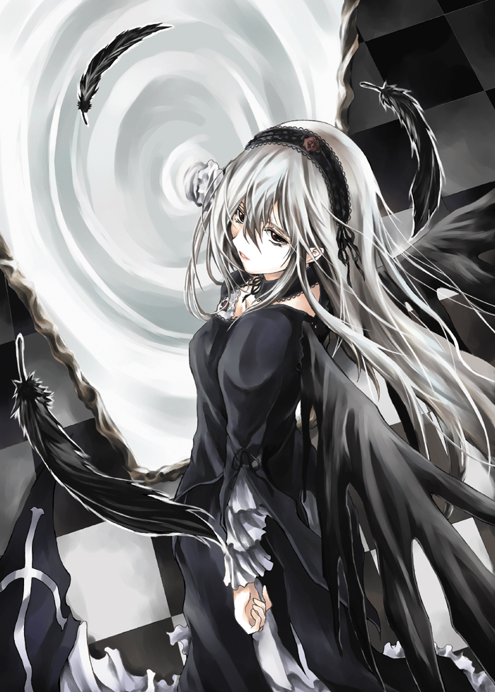 raid slash, suigintou, rozen maiden, silver hair, 00s, feathers, long hair, mirror, pale skin, solo, wings