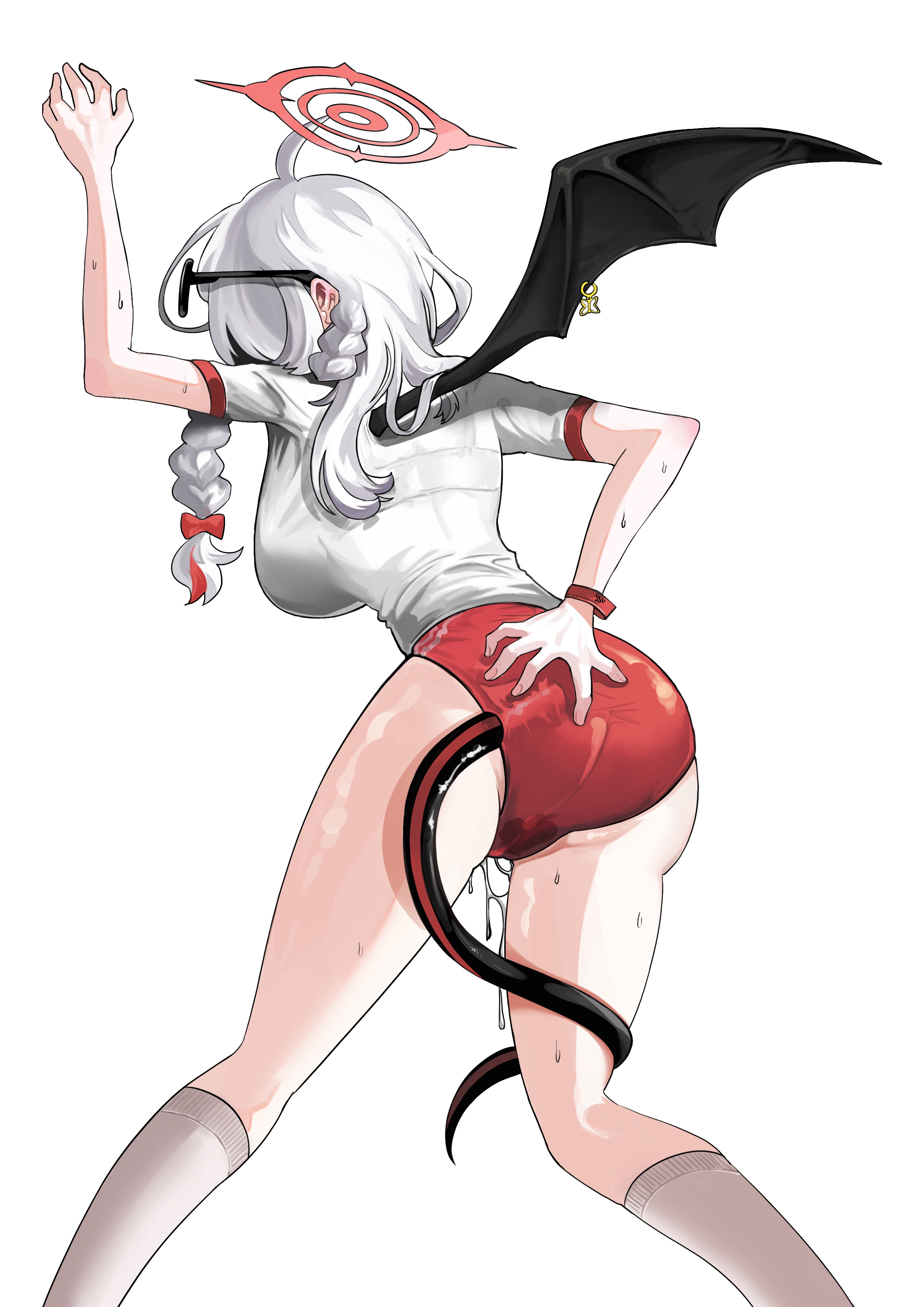 doddbdck1103, haruna (blue archive), haruna (track) (blue archive), blue archive, absurdres, commentary request, highres, textless version, variant set, 1girl, ass, back, braid, breasts, buruma, demon tail, demon wings, eyewear on head, gym uniform, halo, kneehighs, large breasts, long hair, official alternate costume, official alternate hairstyle, piercing, pussy juice, simple background, single wing, socks, solo, sunglasses, sweat, tail, white background, white hair, white socks, wing piercing, wings