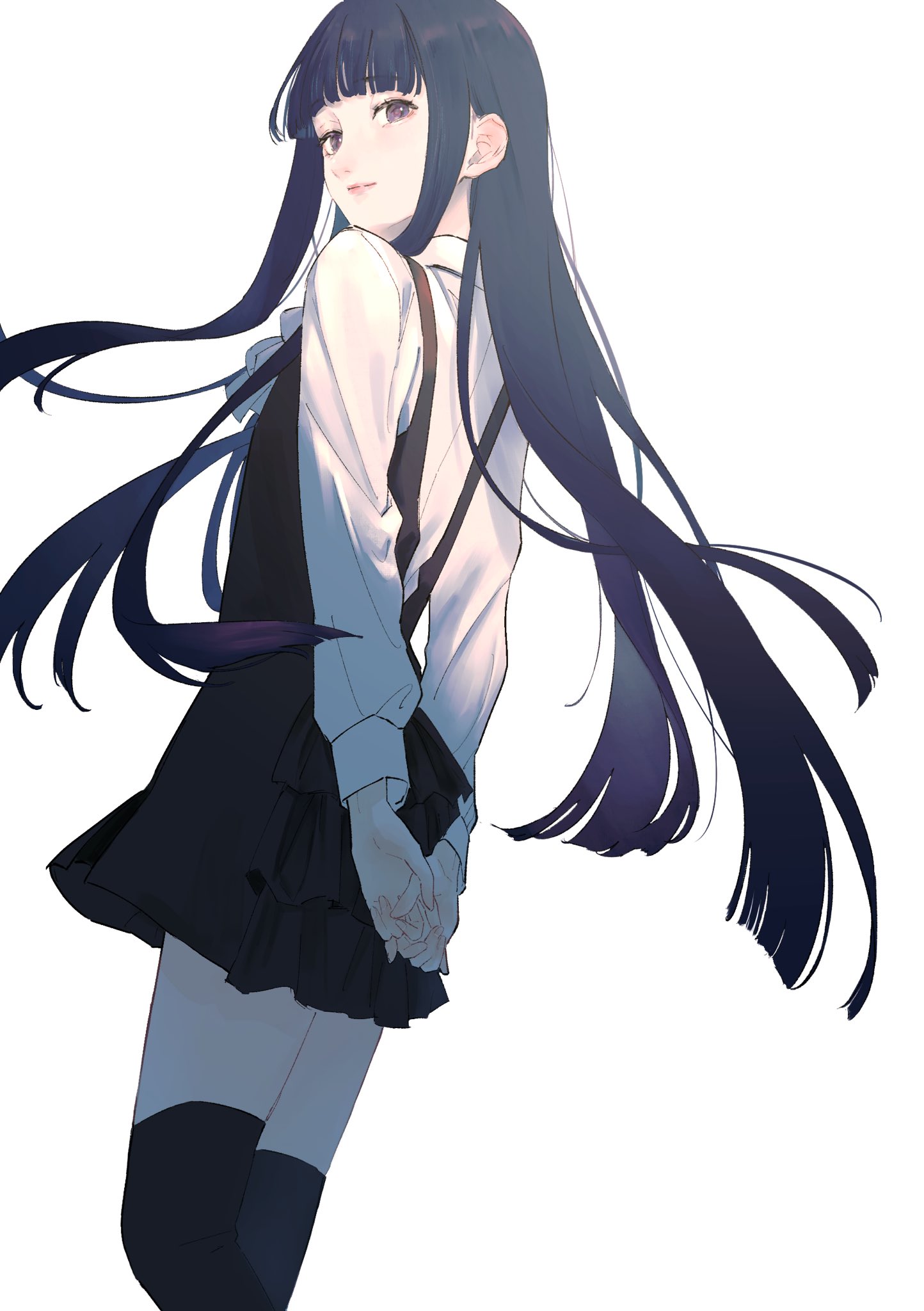 yuiai, shirakiin ririchiyo, inu x boku ss, commentary, highres, 1girl, arms behind back, black dress, black hair, black thighhighs, blunt bangs, closed mouth, collared shirt, dress, from behind, hime cut, lips, long hair, looking at viewer, looking back, own hands together, purple eyes, shirt, shirt under dress, simple background, solo, standing, straight hair, thighhighs, white background, white shirt