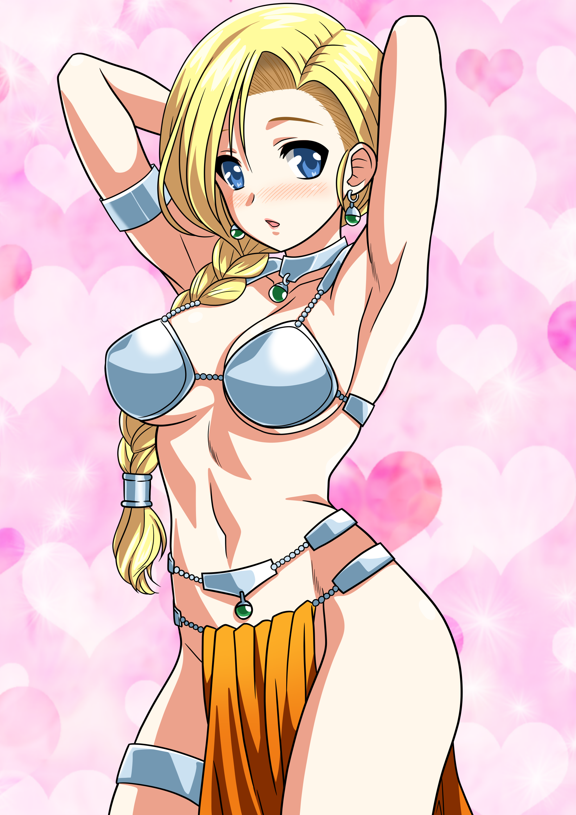 yuuyuu (3jjbn), bianca (dq5), manya (dq4), dragon quest, dragon quest iv, dragon quest v, absurdres, commentary request, highres, 1girl, anime coloring, armlet, arms behind head, blonde hair, blue eyes, braid, breasts, choker, cleavage, cosplay, cowboy shot, dancer's costume (dq), earrings, gem, green gemstone, hair tubes, harem outfit, heart, heart background, hip bones, jewelry, large breasts, looking at viewer, looking to the side, manya (dq4) (cosplay), metal bikini, metal hair tubes, midriff, navel, official alternate costume, open mouth, orange loincloth, pelvic curtain, pink background, side part, sideboob, silver armlet, silver thighlet, single braid, single hair tube, sphere earrings, thighlet, underboob