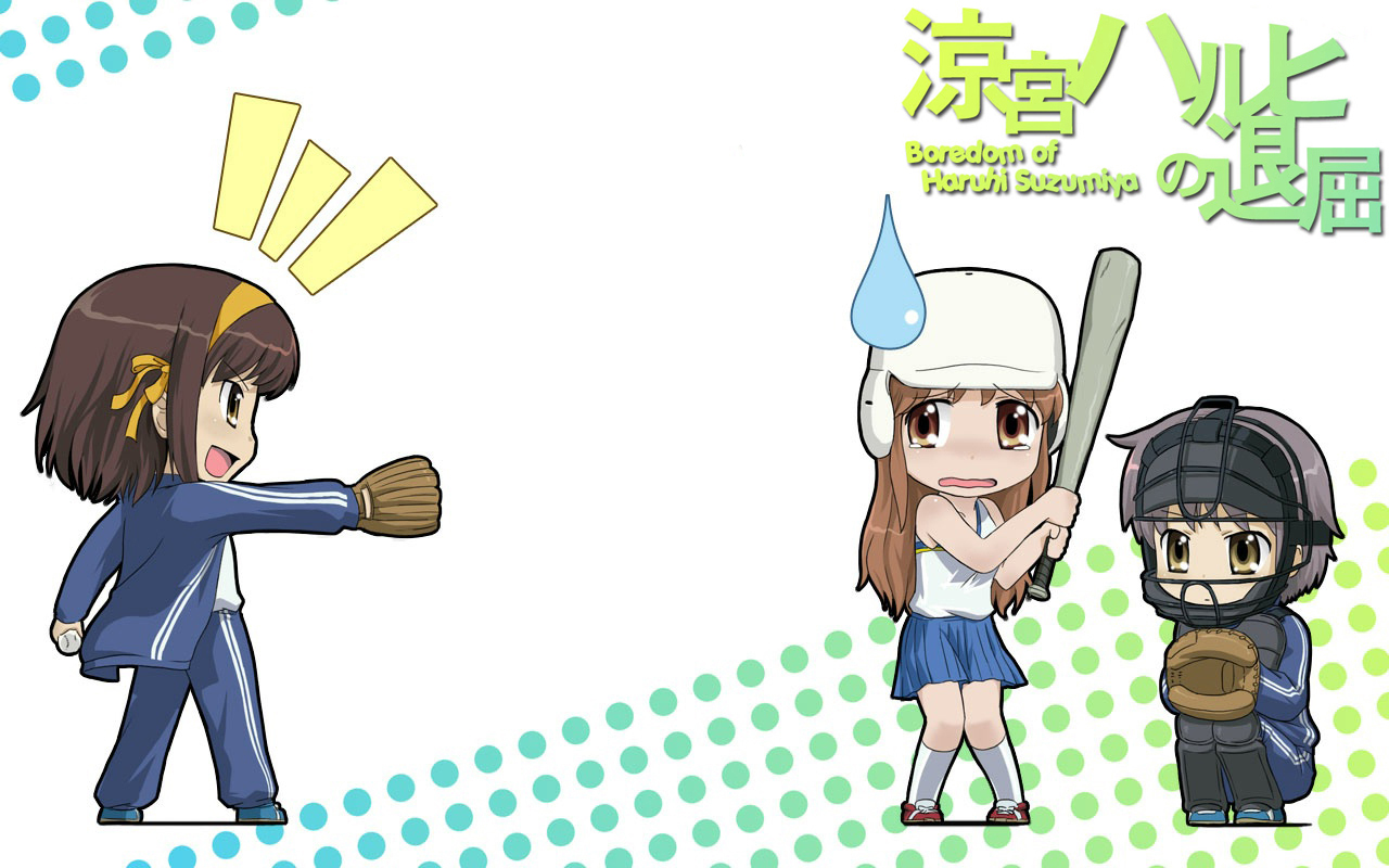 nagian, asahina mikuru, nagato yuki, suzumiya haruhi, suzumiya haruhi no yuuutsu, 00s, 3girls, baseball, baseball bat, baseball glove, chibi, gym uniform, hat, multiple girls, sweatdrop