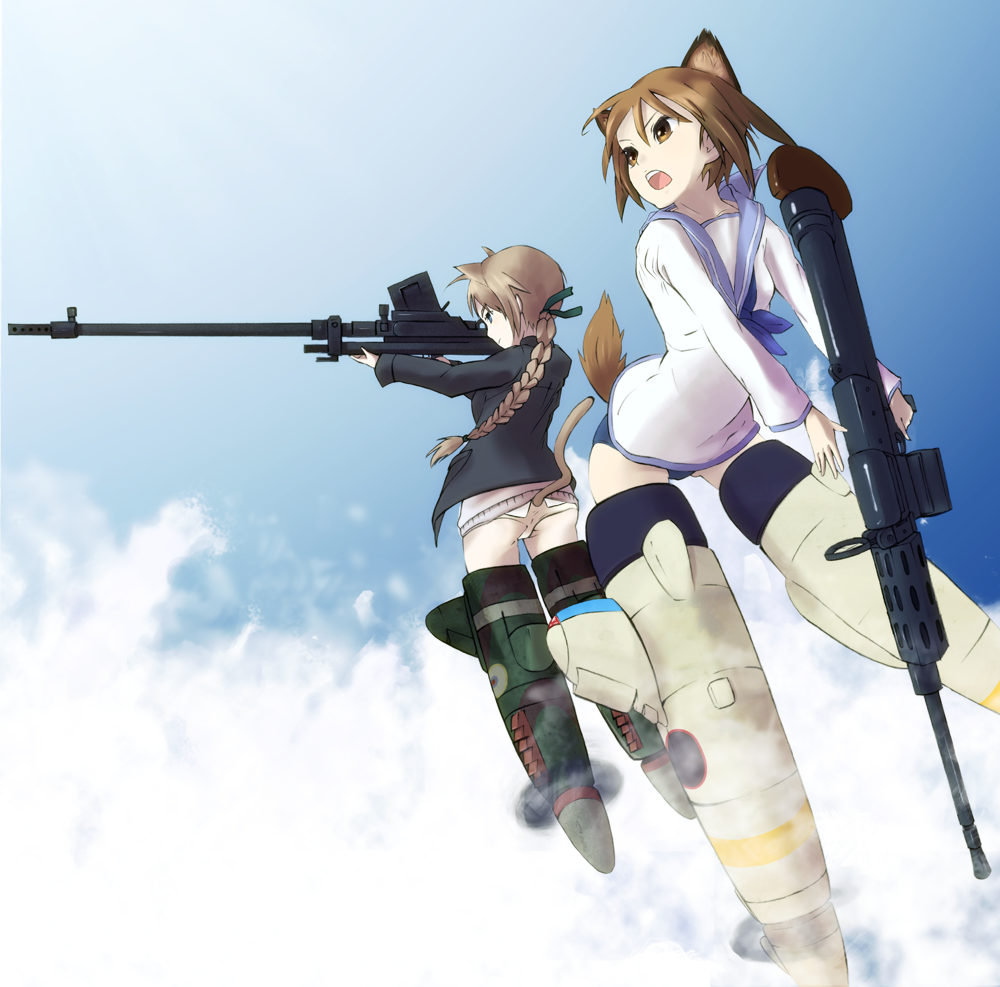 iku ki, kiraku, lynette bishop, miyafuji yoshika, strike witches, world witches series, bad id, bad pixiv id, 00s, 2girls, aiming, animal ears, anti-materiel rifle, day, flying, gun, machine gun, multiple girls, open mouth, panties, rifle, sky, sniper rifle, striker unit, tail, underwear, weapon