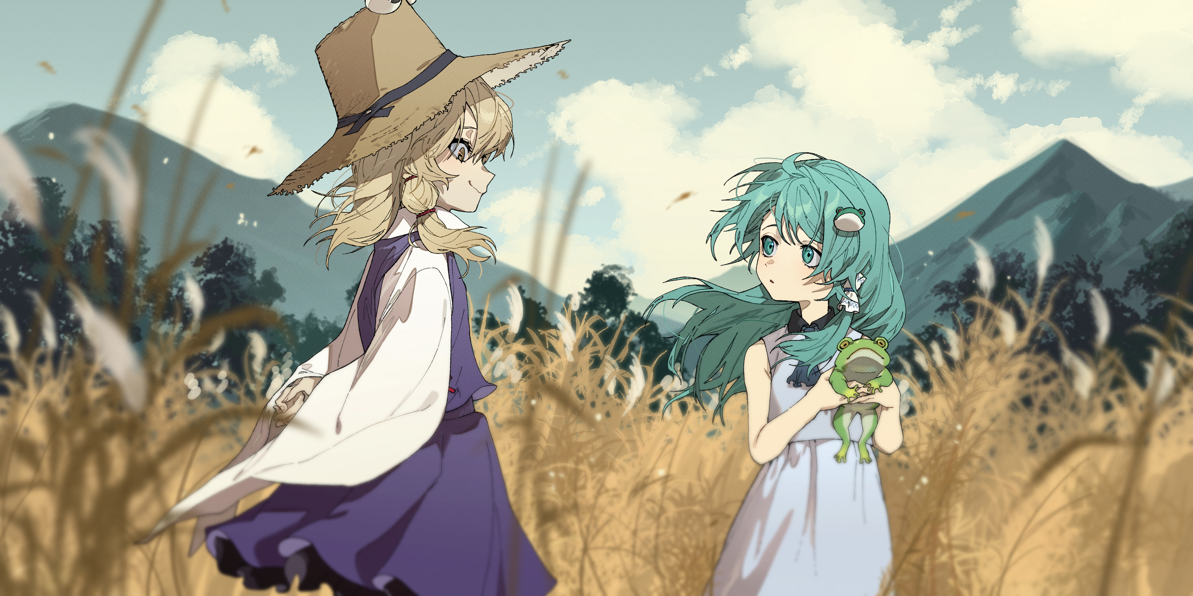shimiya jin, kochiya sanae, moriya suwako, touhou, absurdres, commentary request, highres, 2girls, animal, arms behind back, ascot, black ribbon, blonde hair, blue ascot, blue sky, blurry, blurry foreground, brown hat, closed mouth, cloud, day, frog, frog hair ornament, green eyes, green hair, hair ornament, hair ribbon, hair tubes, hat, hat ribbon, holding, holding animal, holding frog, long hair, long sleeves, mountain, multiple girls, outdoors, purple skirt, purple vest, red ribbon, ribbon, shirt, single hair tube, skirt, sky, sleeveless, sleeveless shirt, smile, tress ribbon, vest, wheat field, white shirt, white skirt, wide sleeves, yellow eyes