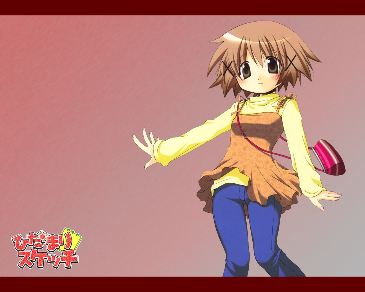 yuno (hidamari sketch), hidamari sketch, 00s, 1girl, blush, casual, female focus, looking at viewer, simple background, smile, solo, towel