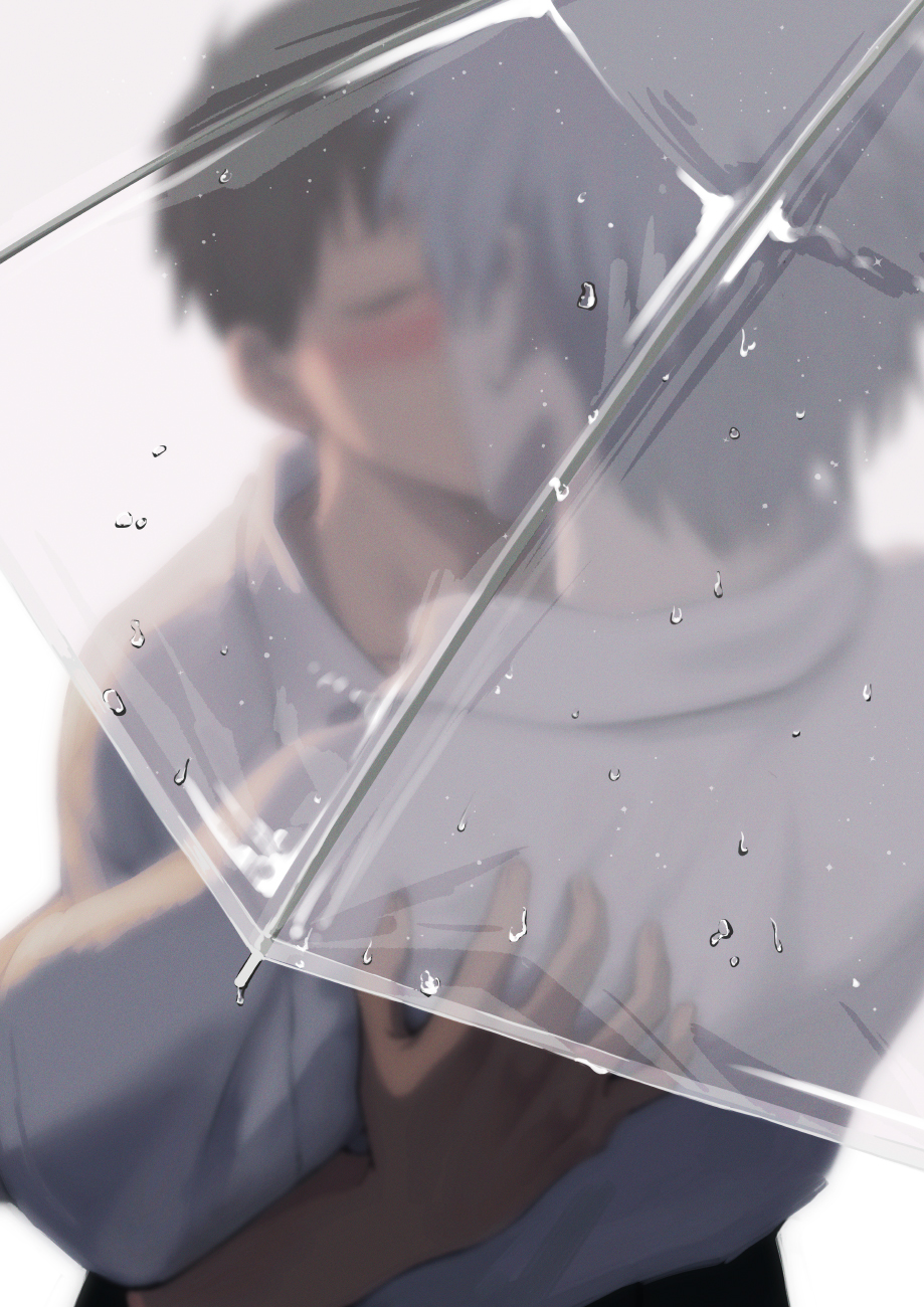 kannunu, ikari shinji, nagisa kaworu, neon genesis evangelion, commentary request, highres, 2boys, black pants, blush, brown hair, closed eyes, collared shirt, french kiss, hand on another's back, hug, kiss, male focus, multiple boys, pants, shirt, short hair, simple background, transparent, transparent umbrella, umbrella, upper body, white background, white hair, white shirt, yaoi