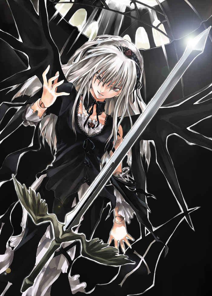raid slash, suigintou, rozen maiden, silver hair, 00s, 1girl, arm at side, black dress, black ribbon, black wings, collarbone, cross, cross-laced clothes, cross print, detached collar, detached sleeves, doll joints, dress, female focus, floating, floating object, flower, frills, hairband, joints, lace trim, long hair, looking at viewer, outstretched hand, parted lips, red eyes, ribbon, rose, solo, sword, torn clothes, weapon, winged sword, wings
