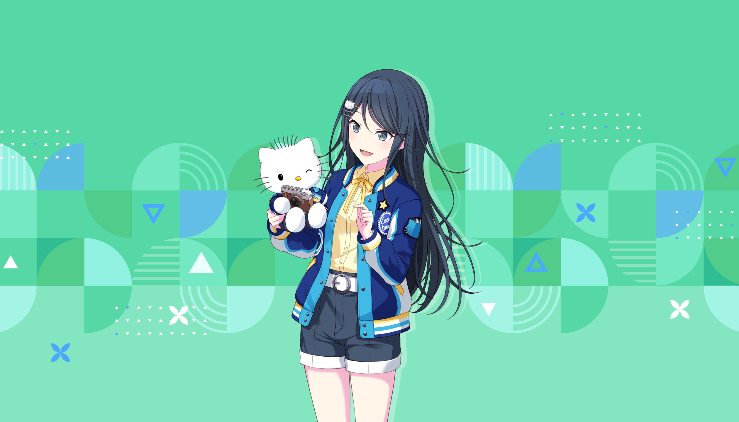 colorful palette, dear daniel, hoshino ichika (project sekai), hello kitty, project sekai, sanrio, game cg, highres, official art, third-party source, 1girl, :d, alternate costume, belt, black hair, black shorts, blue jacket, camera, collared shirt, green background, grey eyes, hair ornament, hairclip, jacket, long hair, neck ribbon, one eye closed, open clothes, open jacket, open mouth, patch, ribbon, shirt, shorts, smile, star (symbol), tongue, triangle, white belt, yellow ribbon, yellow shirt