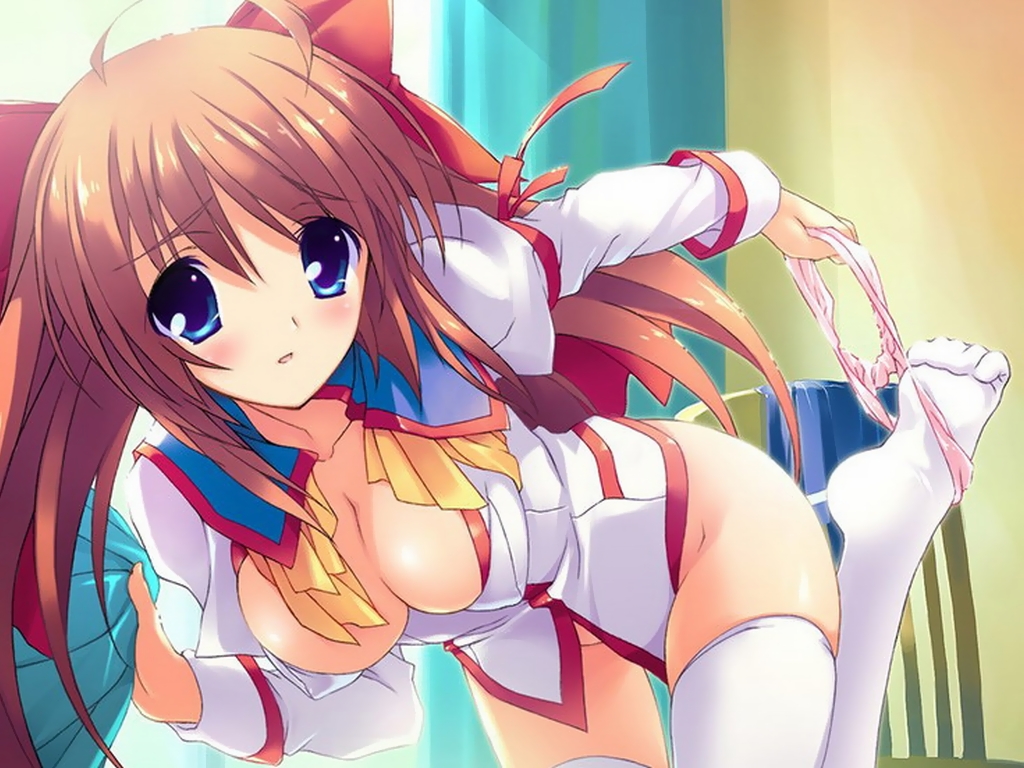 kanzaki aoi, true blue, non-web source, 00s, 1girl, blue eyes, blush, breasts, brown hair, cleavage, covered erect nipples, female focus, large breasts, panties, panties around leg, pink panties, solo, thighhighs, twintails, underwear, undressing