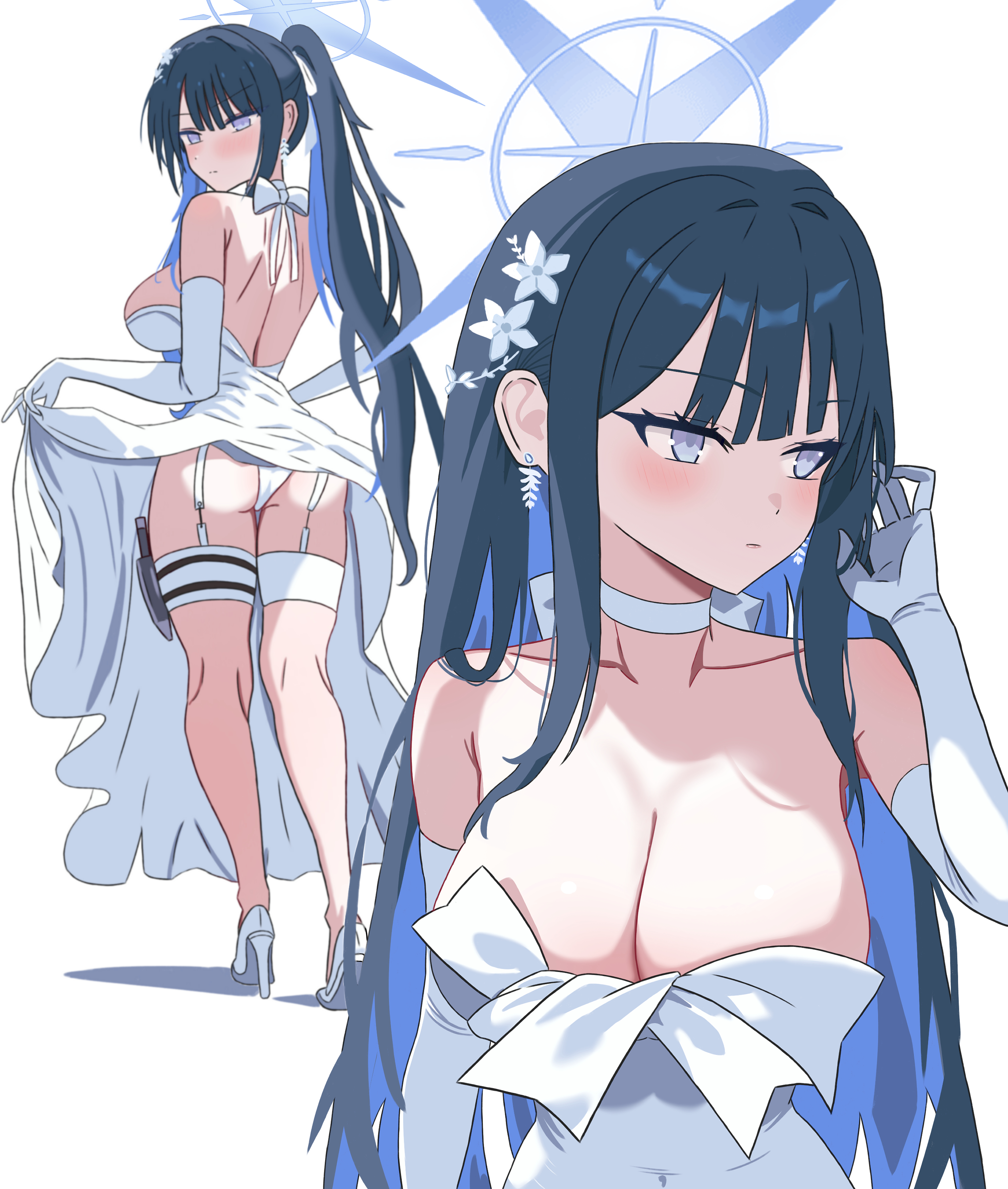 midang, saori (blue archive), saori (dress) (blue archive), blue archive, absurdres, commentary request, highres, 1girl, back, backless dress, backless outfit, blue eyes, blue hair, blue halo, breasts, cleavage, clothes lift, collarbone, dress, dress lift, earrings, flower, from behind, garter straps, gloves, hair flower, hair ornament, halo, jewelry, knife, large breasts, long hair, multiple views, panties, pouch, thigh pouch, underwear, very long hair, white dress, white garter straps, white gloves, white panties