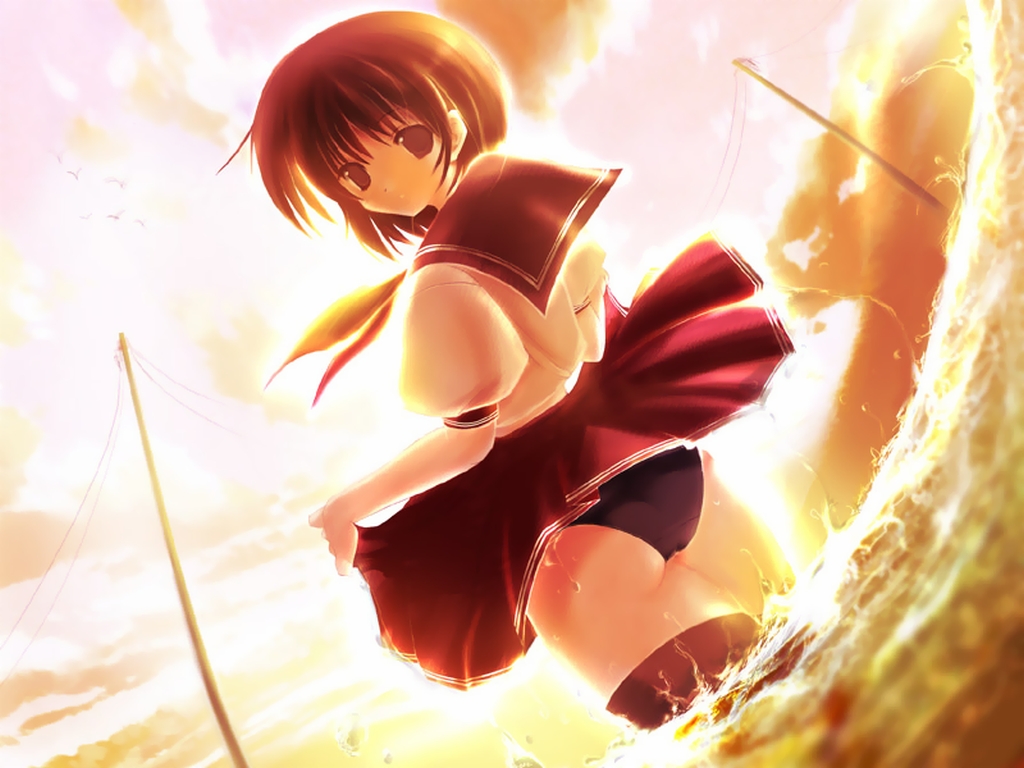 yaegashi nan, non-web source, resized, upscaled, 1girl, ass, black eyes, brown hair, female focus, flat ass, panties, pantyshot, school uniform, serafuku, short hair, sky, solo, sunset, thighhighs, underwear, water, wet, wet clothes, wind, wind lift