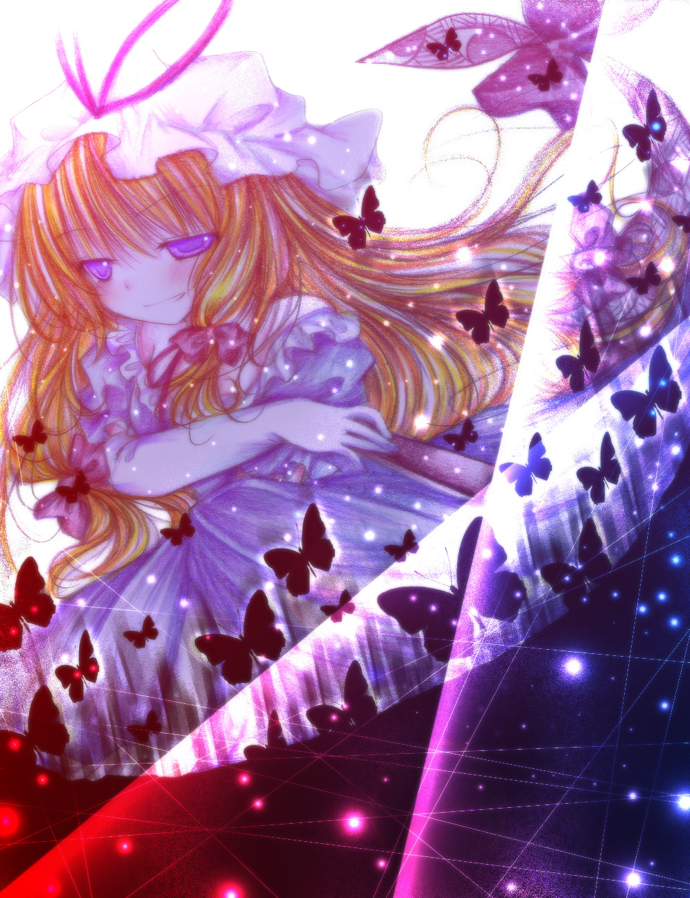 kasuga sunao, yakumo yukari, touhou, bad id, bad pixiv id, highres, 1girl, blonde hair, bug, butterfly, dress, female focus, hat, long hair, purple eyes, ribbon, solo, white background