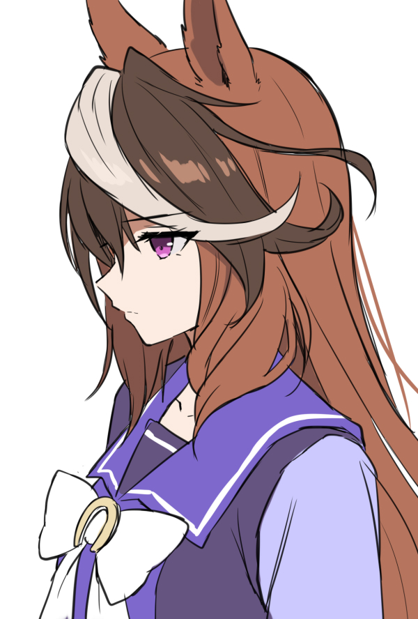 mauve, symboli rudolf (umamusume), umamusume, commentary request, korean commentary, 1girl, animal ears, bow, bowtie, brown hair, closed mouth, horse ears, horse girl, long hair, multicolored hair, purple eyes, purple sailor collar, purple shirt, sailor collar, school uniform, shirt, simple background, solo, streaked hair, tracen school uniform, upper body, white background, white bow, white bowtie, white hair, winter uniform