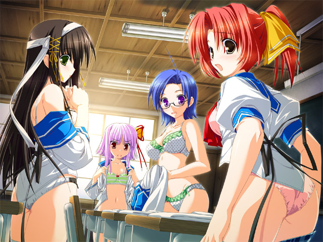 hitotsuse suzuna, naruko kana, nukui shuuko, yagisawa mio, zansho omimai moushiagemasu., non-web source, 4girls, ass, bra, classroom, glasses, indoors, lingerie, multiple girls, panties, school, school uniform, serafuku, underwear, undressing