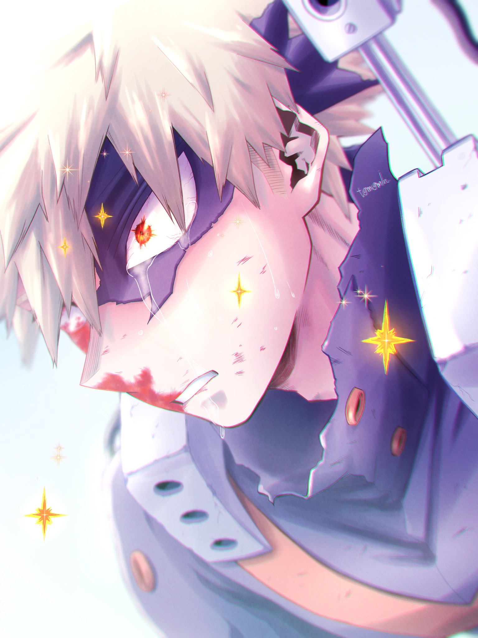tomomin 1129, bakugou katsuki, boku no hero academia, commentary, english commentary, highres, 1boy, black mask, black shirt, blonde hair, blood, blood on face, crying, crying with eyes open, eye mask, injury, male focus, mask, nosebleed, parted bangs, parted lips, red eyes, shirt, short hair, solo, streaming tears, tears, teeth, torn clothes, upper body, wide-eyed