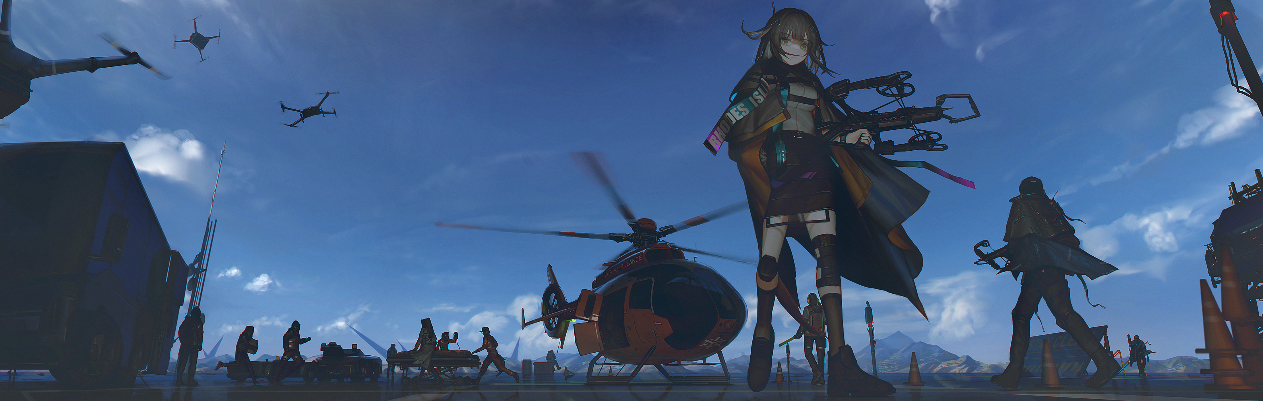 sileeeeence, greythroat (arknights), arknights, absurdres, commentary, english commentary, highres, 1girl, 6+others, aircraft, black hair, blue sky, bow (weapon), crossbow, day, drone, feather hair, full body, green eyes, grey hair, hair ornament, helicopter, holding, holding crossbow, holding weapon, looking at viewer, multiple others, outdoors, short hair, sky, standing, weapon