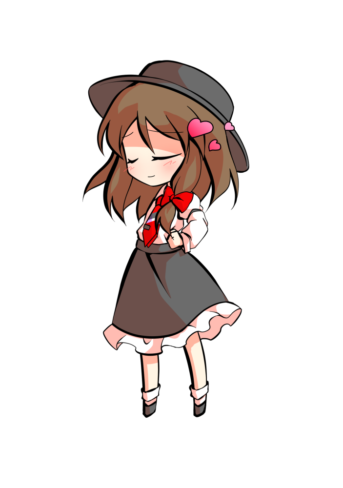 dairi, usami renko, touhou, commentary request, large variant set, variant set, 1girl, black hat, black shoes, black skirt, bow, brown hair, chibi, chibi only, frilled skirt, frills, full body, hair bow, hat, legs apart, long hair, medium hair, necktie, red bow, red necktie, shirt, shoes, skirt, socks, solo, tachi-e, transparent background, white shirt, white socks