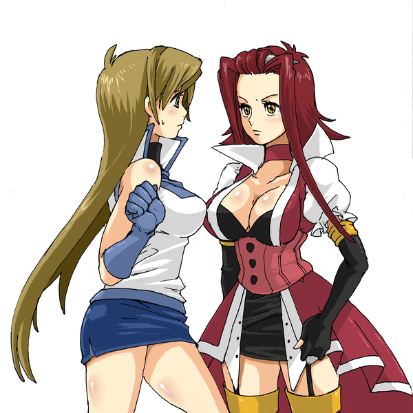 kinkan, izayoi aki, tenjouin asuka, yu-gi-oh!, yu-gi-oh! 5d's, yu-gi-oh! gx, bad id, bad pixiv id, 00s, 2girls, blonde hair, breasts, brown hair, choker, cleavage, crossover, duel academy uniform (yu-gi-oh! gx), elbow gloves, eye contact, gloves, large breasts, looking at another, miniskirt, multiple girls, obelisk blue uniform, pencil skirt, pink hair, red hair, skirt, thighhighs, yellow eyes