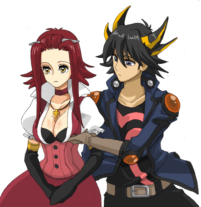 kinkan, fudo yusei, izayoi aki, yu-gi-oh!, yu-gi-oh! 5d's, bad id, bad pixiv id, 00s, 1boy, 1girl, belt, breast press, breasts, cleavage, gloves, multicolored hair, pink hair, streaked hair, yellow eyes, yuusei fudou