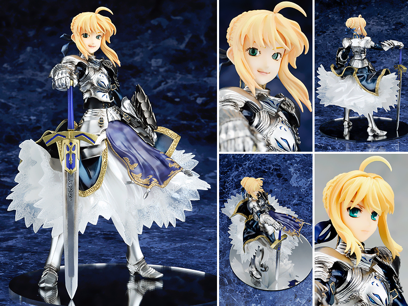 artoria pendragon (fate), saber (fate), fate/stay night, fate (series), photo (medium), 00s, armor, armored dress, blonde hair, dress, figure, figure (medium), gloves, green eyes, hair bun, mirror, single hair bun, sword, weapon