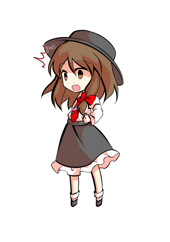 dairi, usami renko, touhou, commentary request, large variant set, variant set, 1girl, black hat, black shoes, black skirt, bow, brown hair, chibi, chibi only, frilled skirt, frills, full body, hair bow, hat, legs apart, long hair, medium hair, necktie, red bow, red necktie, shirt, shoes, skirt, socks, solo, tachi-e, transparent background, white shirt, white socks