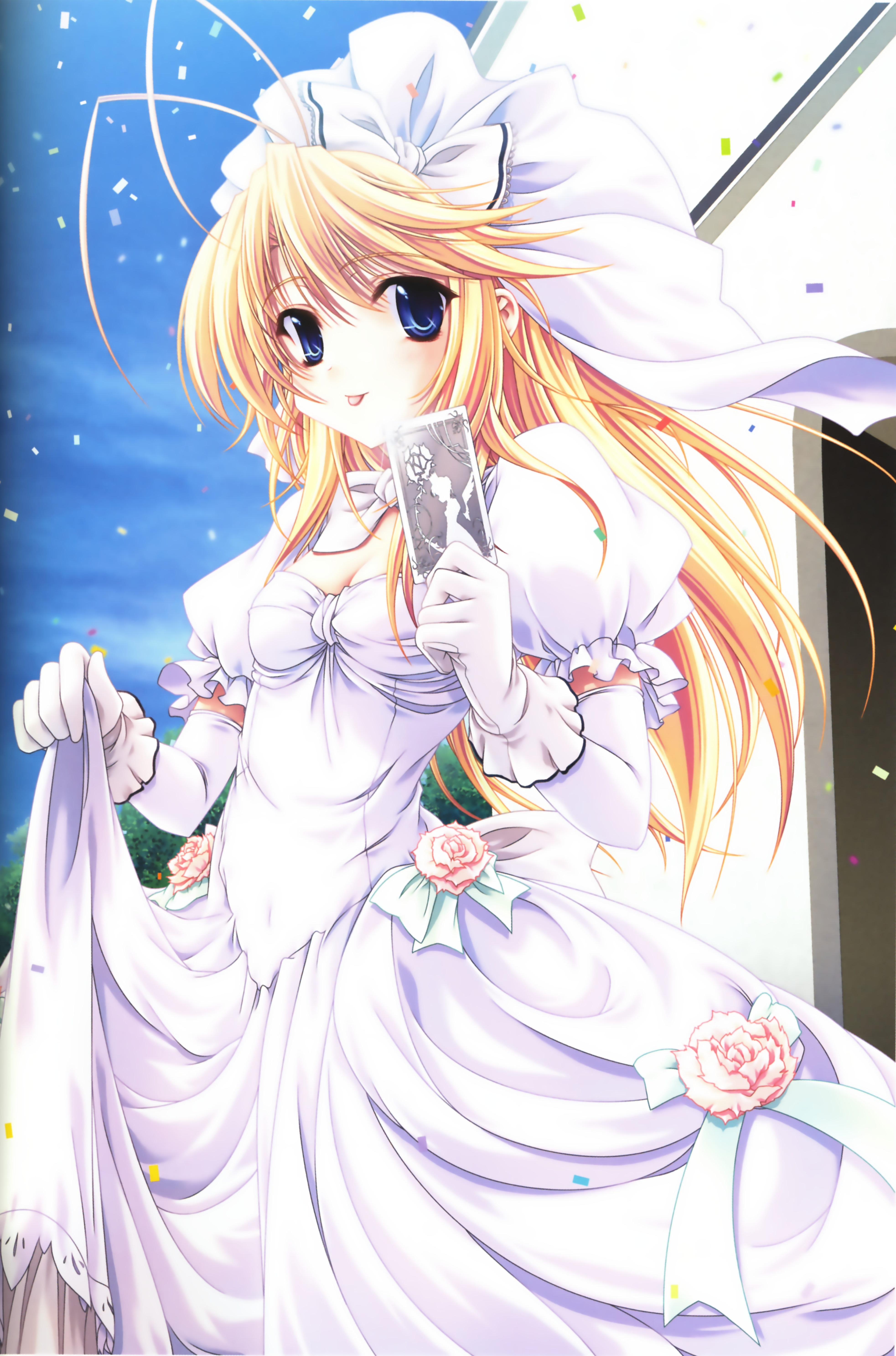 miyama-zero, heathcliff cosgrave, princess brave, absurdres, highres, :p, antenna hair, blonde hair, blue eyes, bride, dress, solo, tongue, tongue out, wedding dress