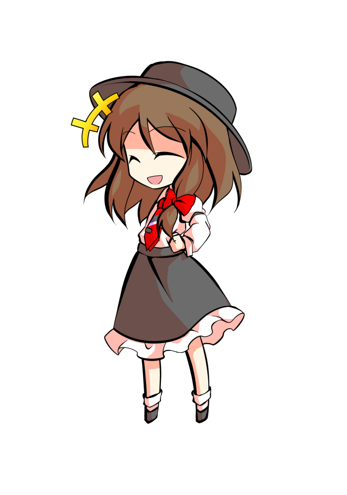 dairi, usami renko, touhou, commentary request, large variant set, variant set, 1girl, black hat, black shoes, black skirt, bow, brown hair, chibi, chibi only, frilled skirt, frills, full body, hair bow, hat, legs apart, long hair, medium hair, necktie, red bow, red necktie, shirt, shoes, skirt, socks, solo, tachi-e, transparent background, white shirt, white socks