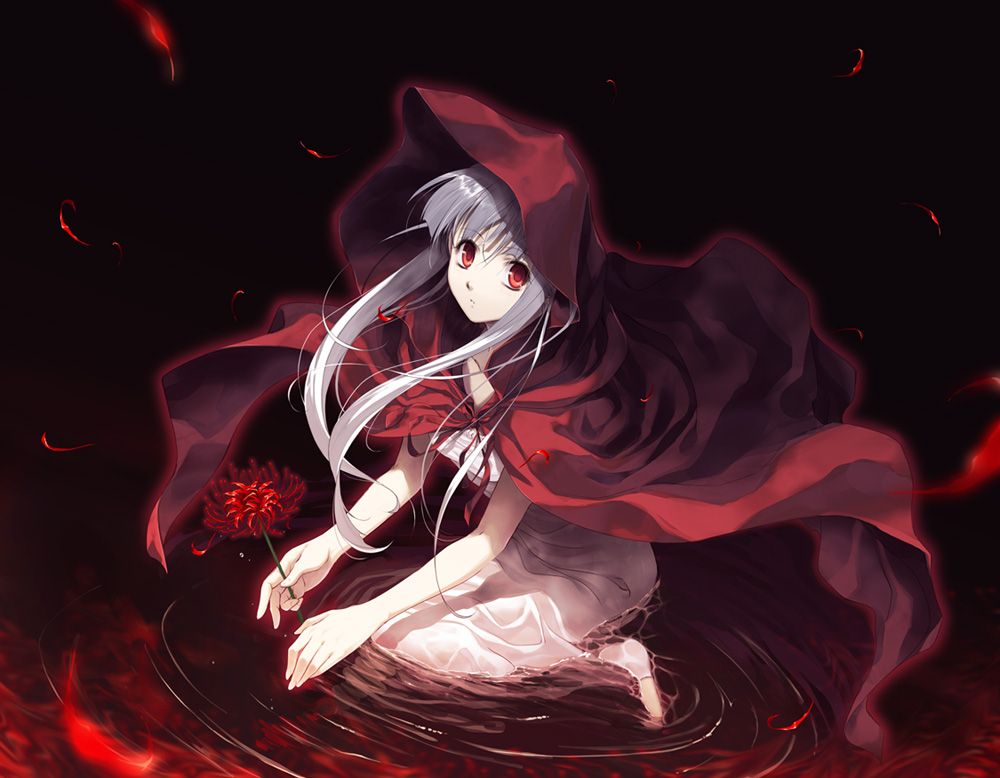 mashimaro, lafrenze, elysion, sound horizon, silver hair, 1girl, barefoot, cloak, female focus, flower, hood, hooded cloak, long hair, petals, red eyes, ripples, sitting, solo, water