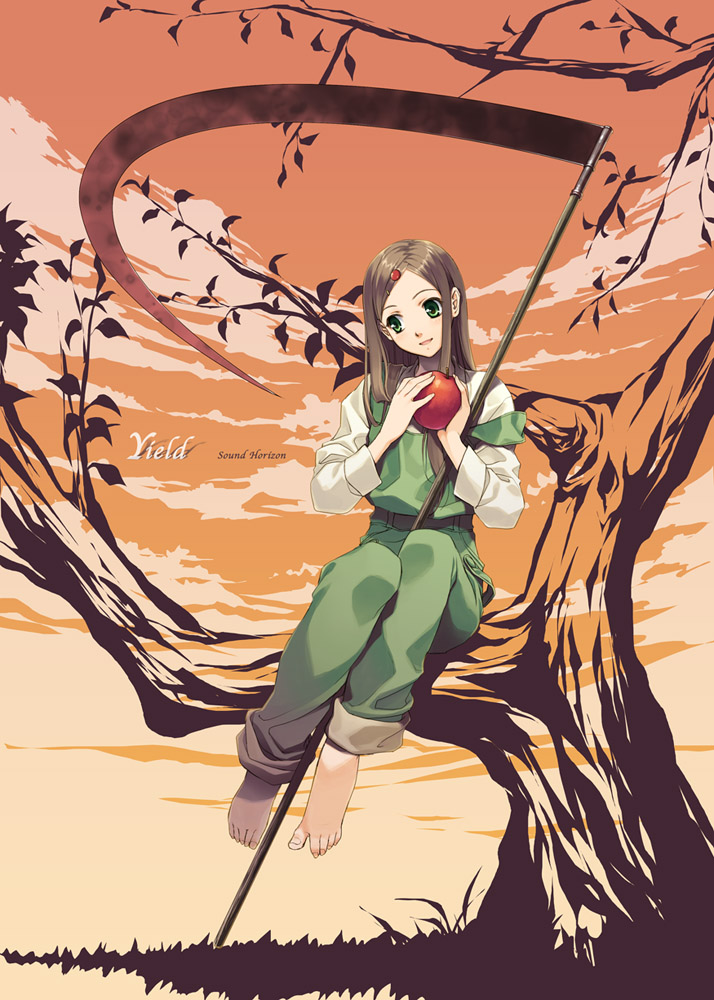mashimaro, yield, elysion, sound horizon, 1girl, apple, barefoot, brown hair, feet, female focus, food, fruit, green eyes, in tree, long hair, overalls, scythe, sitting, solo, tree