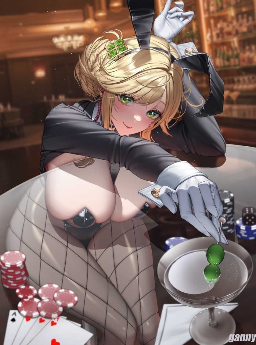 gnxxe1, ade (agent bunny) (nikke), ade (nikke), goddess of victory: nikke, 1girl, animal ears, artist name, black leotard, blonde hair, breasts, card, fake animal ears, fishnet pantyhose, fishnets, glass table, gloves, green eyes, large breasts, leotard, looking at viewer, official alternate costume, pantyhose, playboy bunny, poker chip, rabbit ears, sidelocks, solo, table, thighs, white gloves