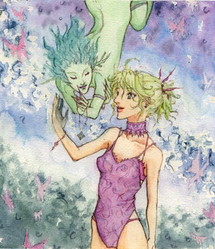cloud of darkness, tina branford, final fantasy, final fantasy iii, final fantasy vi, lowres, 1990s (style), 1girl, bad anatomy, bad face, blonde hair, blue eyes, choker, female focus, green eyes, leotard, lingerie, monster girl, retro artstyle, solo, underwear
