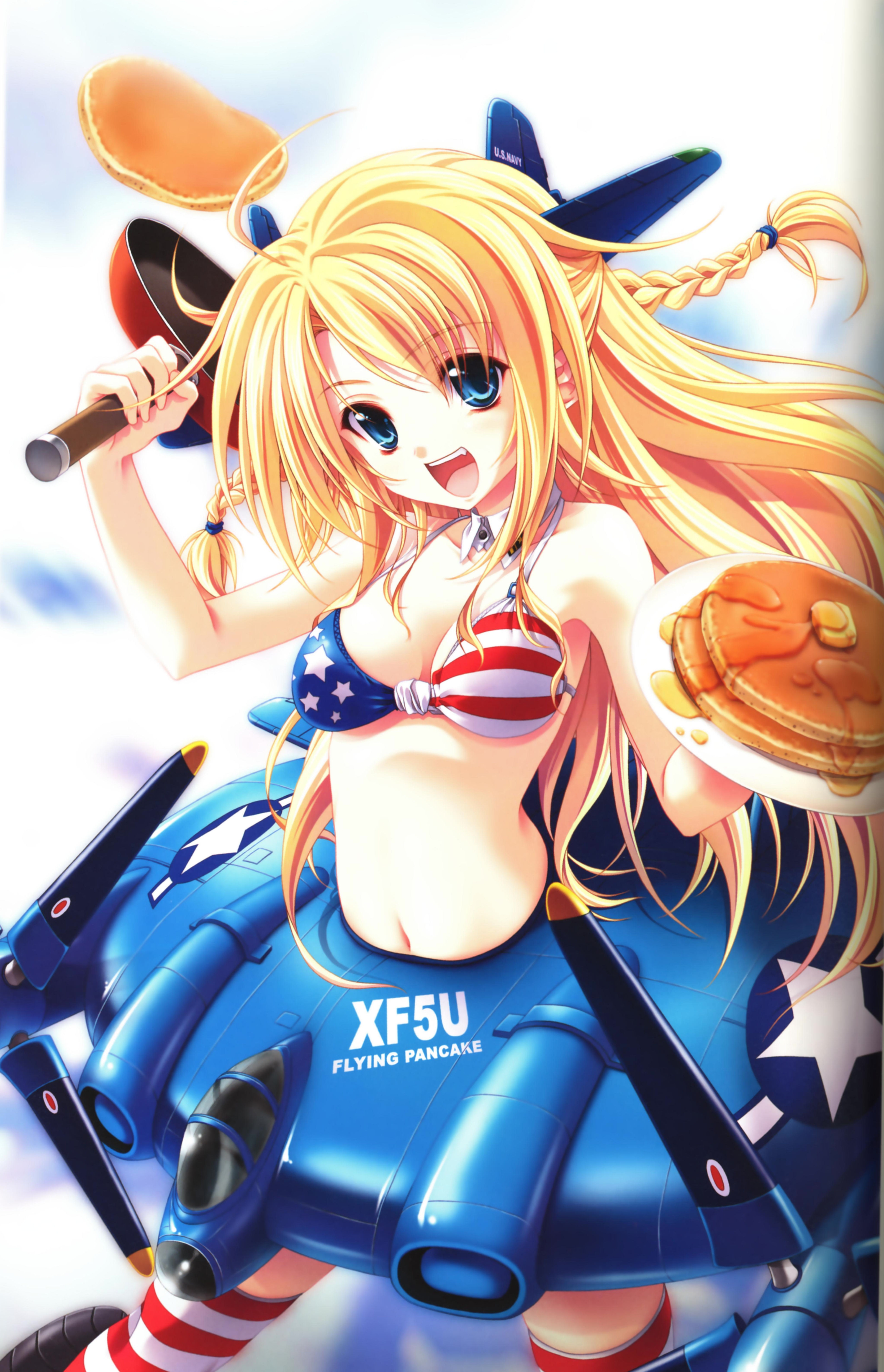 miyama-zero, vought xf5u, mc axis, absurdres, highres, 1girl, aircraft, airplane, american flag, american flag bikini, american flag print, bikini, blonde hair, blue eyes, braid, female focus, flag print, flag print bikini, food, long hair, mecha musume, military, pancake, print bikini, solo, striped clothes, striped thighhighs, swimsuit, thighhighs, twin braids, united states