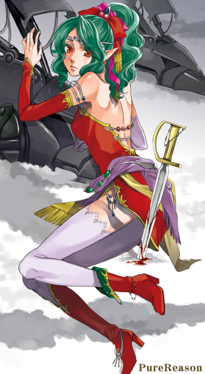 shinogu, tina branford, final fantasy, final fantasy vi, 1990s (style), 1girl, anklet, blood, boots, circlet, curly hair, female focus, green hair, high heel boots, high heels, jewelry, mecha, pointy ears, ponytail, red eyes, retro artstyle, ribbon, robot, snow, solo, sword, thighhighs, weapon, white thighhighs