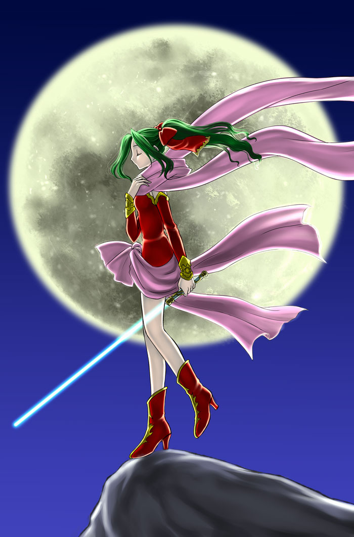 bo (774berry), tina branford, final fantasy, final fantasy vi, 1990s (style), 1girl, boots, closed eyes, energy sword, female focus, full moon, green hair, long hair, moon, no legwear, ponytail, retro artstyle, scarf, solo, sword, weapon