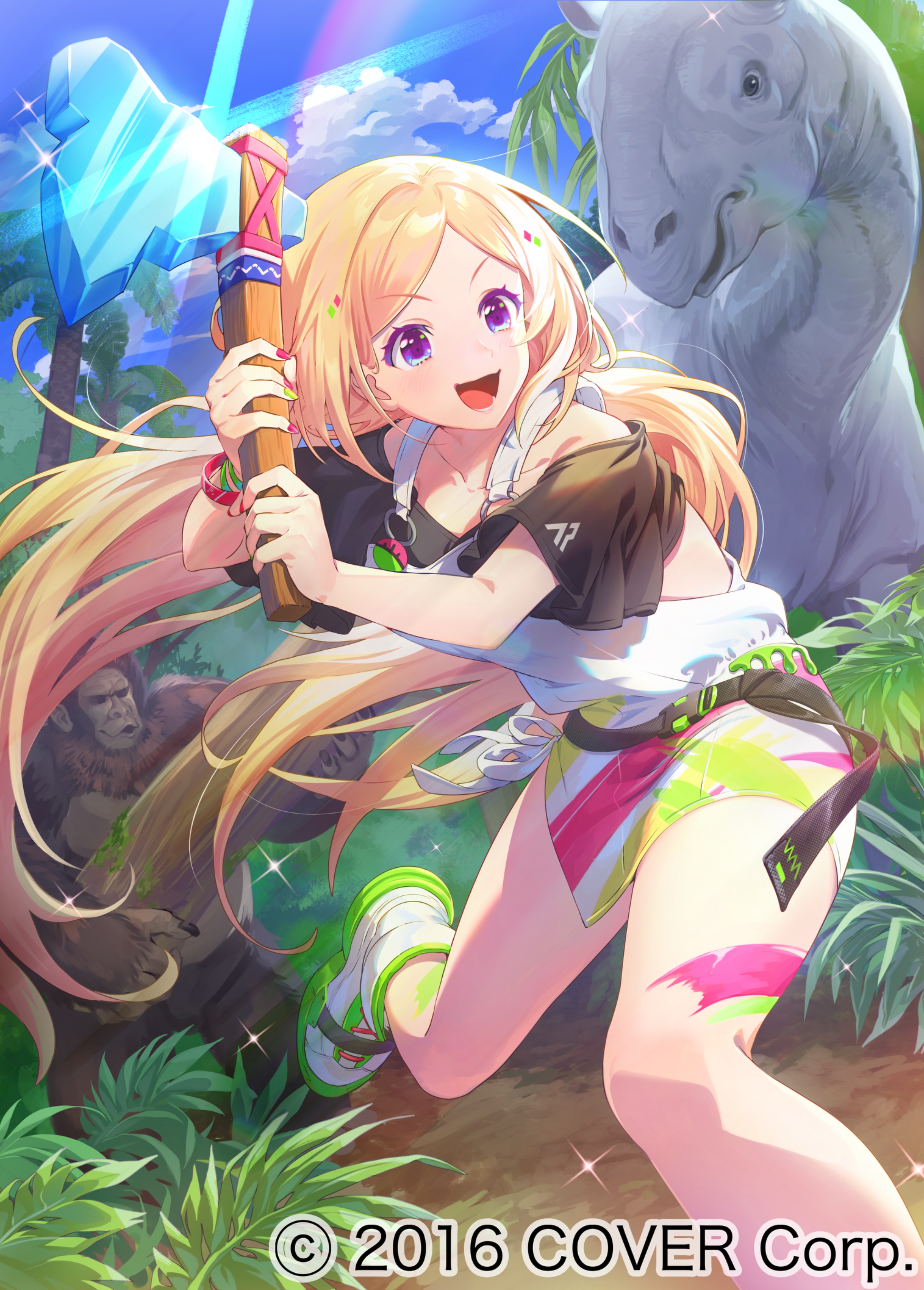 mucchiri shiitake, aki rosenthal, aki rosenthal (gaming casual), hololive, absurdres, commentary request, highres, official art, 1girl, :d, axe, belt, black belt, black shirt, blonde hair, blue sky, cloud, copyright notice, day, dinosaur, elf, fighting stance, gorilla, holding, holding axe, jungle, low twintails, miniskirt, nature, off-shoulder shirt, off shoulder, official alternate costume, official alternate hairstyle, open mouth, outdoors, overall skirt, overalls, paint stains, pointy ears, purple eyes, shirt, shoes, skirt, sky, smile, sneakers, solo, twintails, virtual youtuber, white overalls, white shoes, white skirt