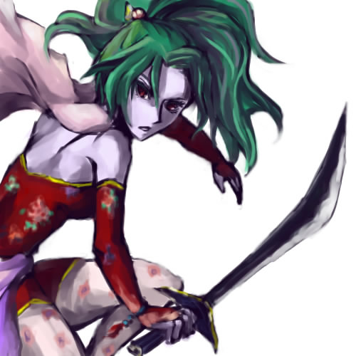 tina branford, final fantasy, final fantasy vi, lowres, 1990s (style), 1girl, female focus, green hair, long hair, pantyhose, ponytail, retro artstyle, simple background, solo, sword, weapon