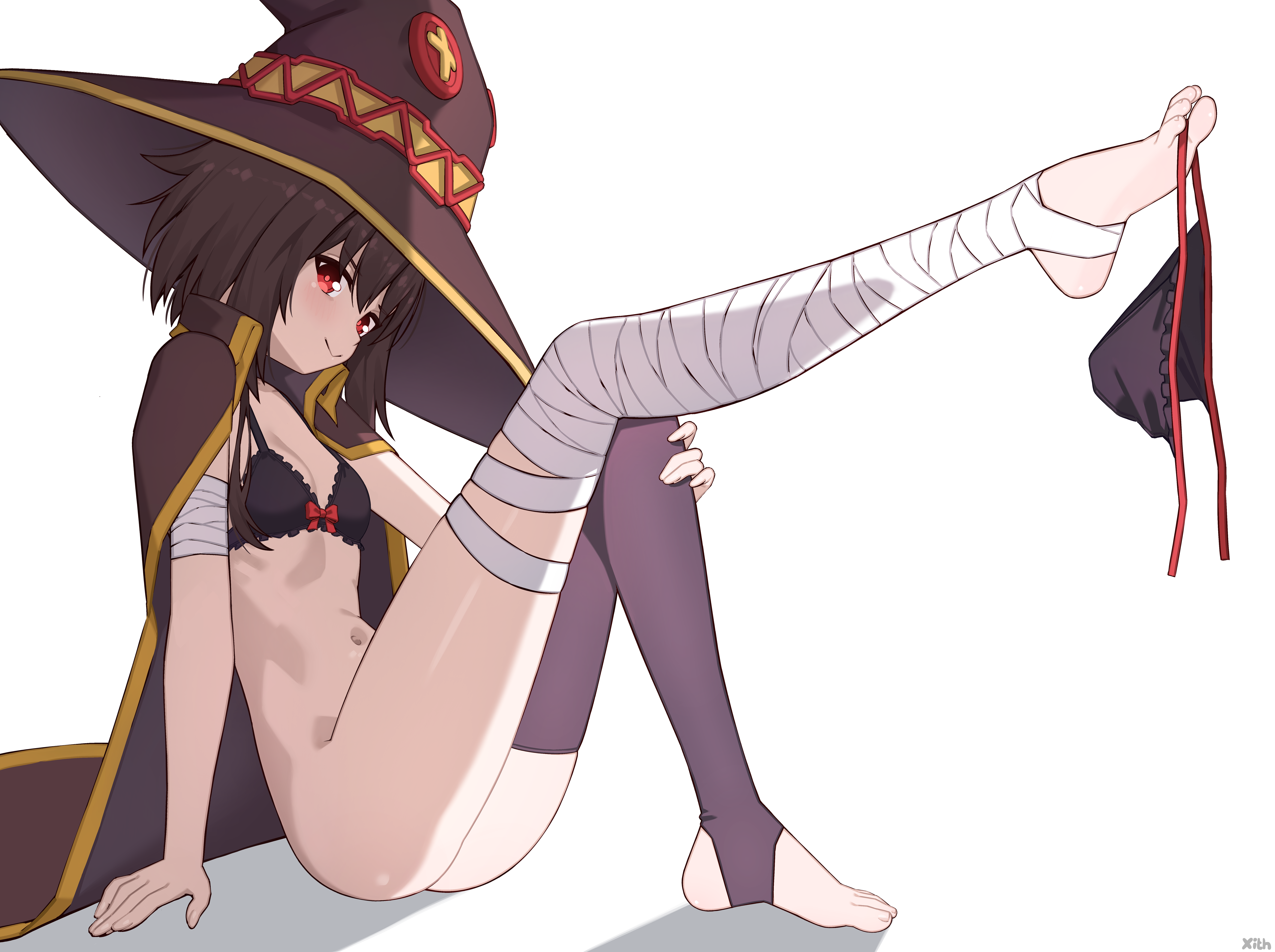 x xith x, megumin, kono subarashii sekai ni shukufuku wo!, absurdres, commentary, english commentary, highres, 1girl, arm support, artist name, bandaged leg, bandages, black bra, black panties, bow, bow bra, bra, breasts, cape, closed mouth, feet, from side, full body, gold trim, hair between eyes, hand on own knee, hat, holding, holding panties, holding underwear, holding unworn clothes, knees up, large hat, leg up, legs, looking at viewer, navel, no shoes, panties, purple cape, red bow, red eyes, shadow, short hair with long locks, simple background, single thighhigh, sitting, small breasts, smile, soles, solo, stirrup legwear, thighhighs, toeless legwear, toes, underwear, unworn panties, white background, witch hat