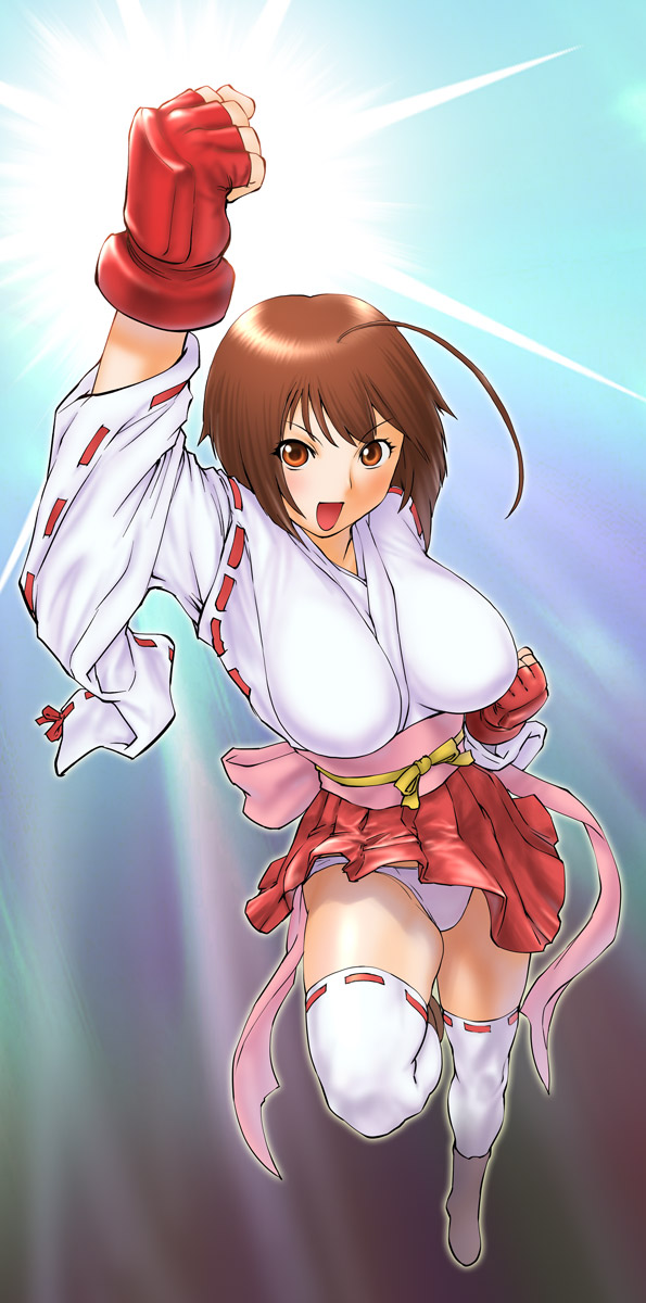 ueyama michirou, musubi, sekirei, highres, long image, tall image, 00s, 1girl, ahoge, brown eyes, brown hair, female focus, fingerless gloves, gloves, japanese clothes, panties, pantyshot, short hair, shouryuuken, skirt, solo, thighhighs, underwear, uppercut, white panties