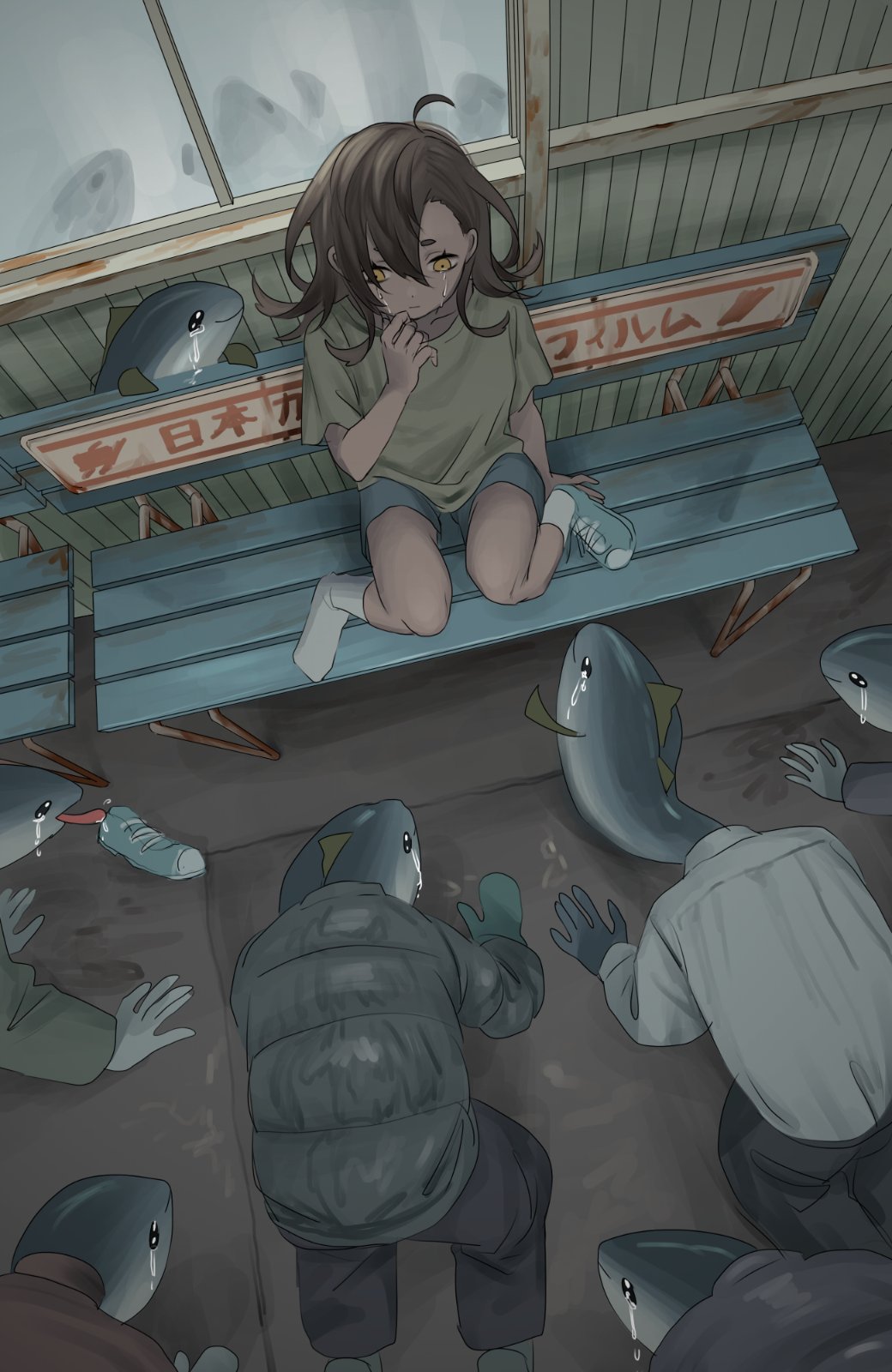 tensen (dotted line), original, highres, 1girl, bench, black hair, blue shoes, blue shorts, crying, fish, green shirt, hair between eyes, looking down, scared, shirt, shoes, short shorts, short sleeves, shorts, single shoe, smile, socks, streaming tears, surreal, tears, unworn shoes, yellow eyes