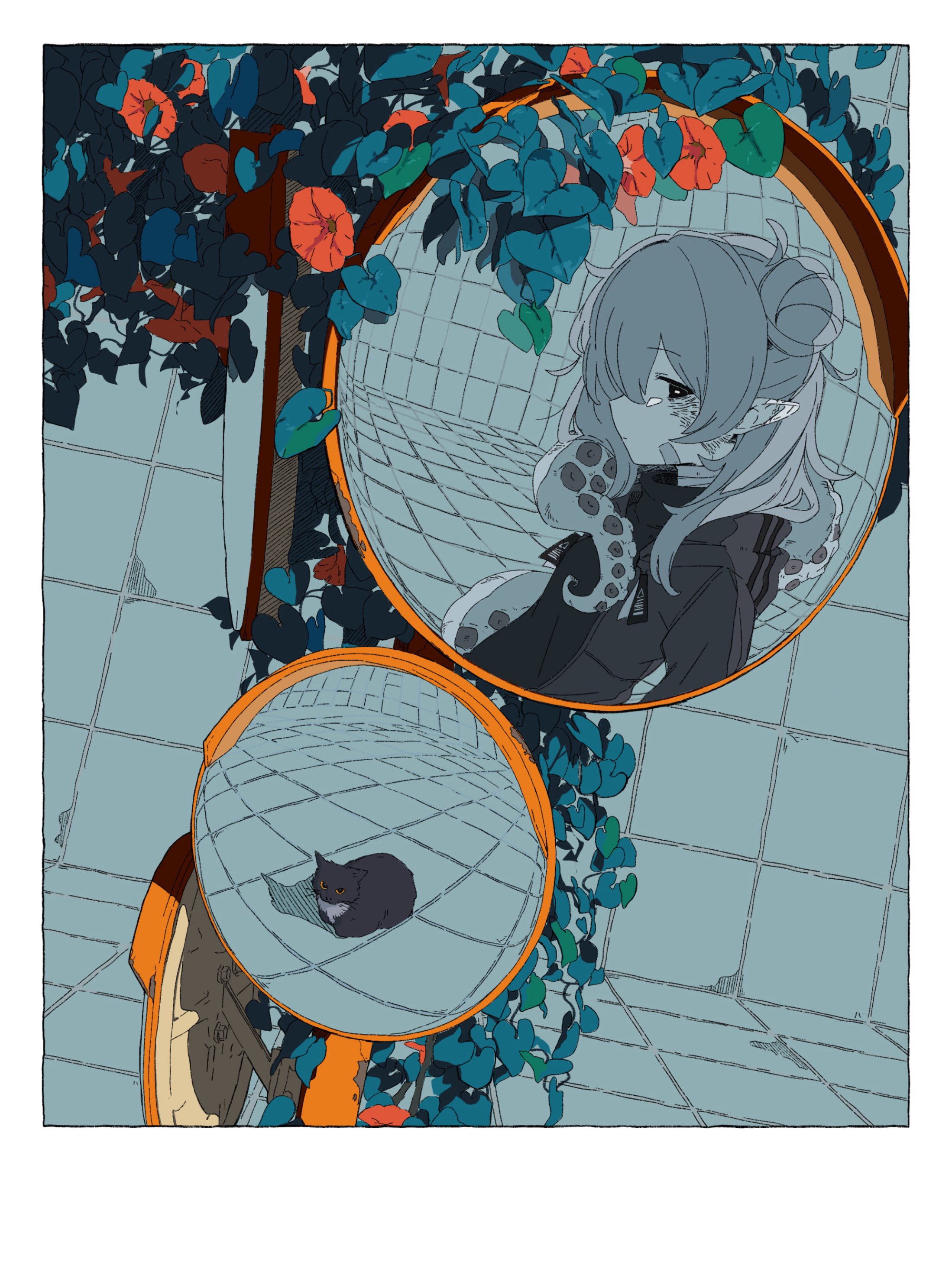 pusen (puuu sen555), original, absurdres, highres, 1girl, animal, bandaged neck, bandages, bandaid, bandaid on cheek, bandaid on face, black jacket, border, cat, expressionless, flower, from side, greyscale, hair bun, half up bun, hood, hood down, jacket, monochrome, monster girl, morning glory, plant, pointy ears, profile, reflection, reflection focus, sideways glance, single side bun, solo, spot color, suction cups, tentacles, traffic mirror, vines, white border