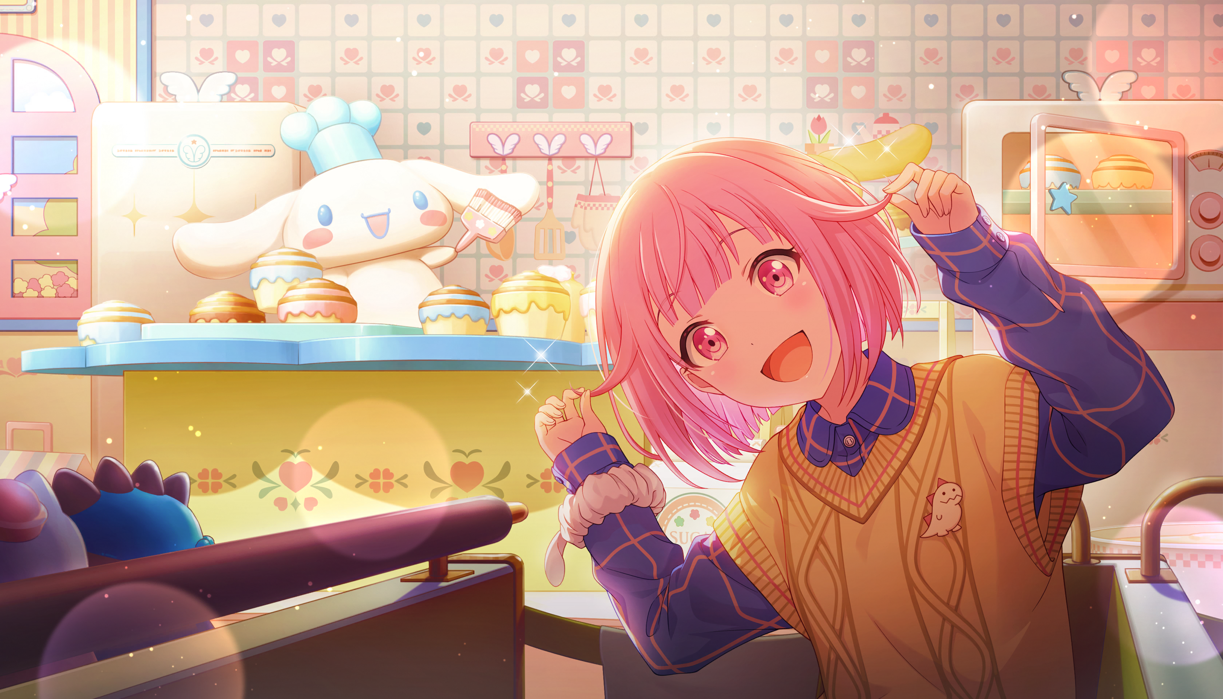 colorful palette, cinnamoroll, ootori emu, fuwa fuwa cinnamoroll, project sekai, sanrio, game cg, highres, official art, third-party source, 1girl, :d, blue sky, blunt bangs, blurry, blush, bokeh, chef hat, collared shirt, depth of field, dinosaur, hat, heart, holding, holding brush, looking at viewer, microwave, open mouth, pink eyes, pink hair, purple shirt, refrigerator, shirt, sky, smile, sparkle, star (symbol), sweater vest, tongue, tree, window, yellow sweater vest