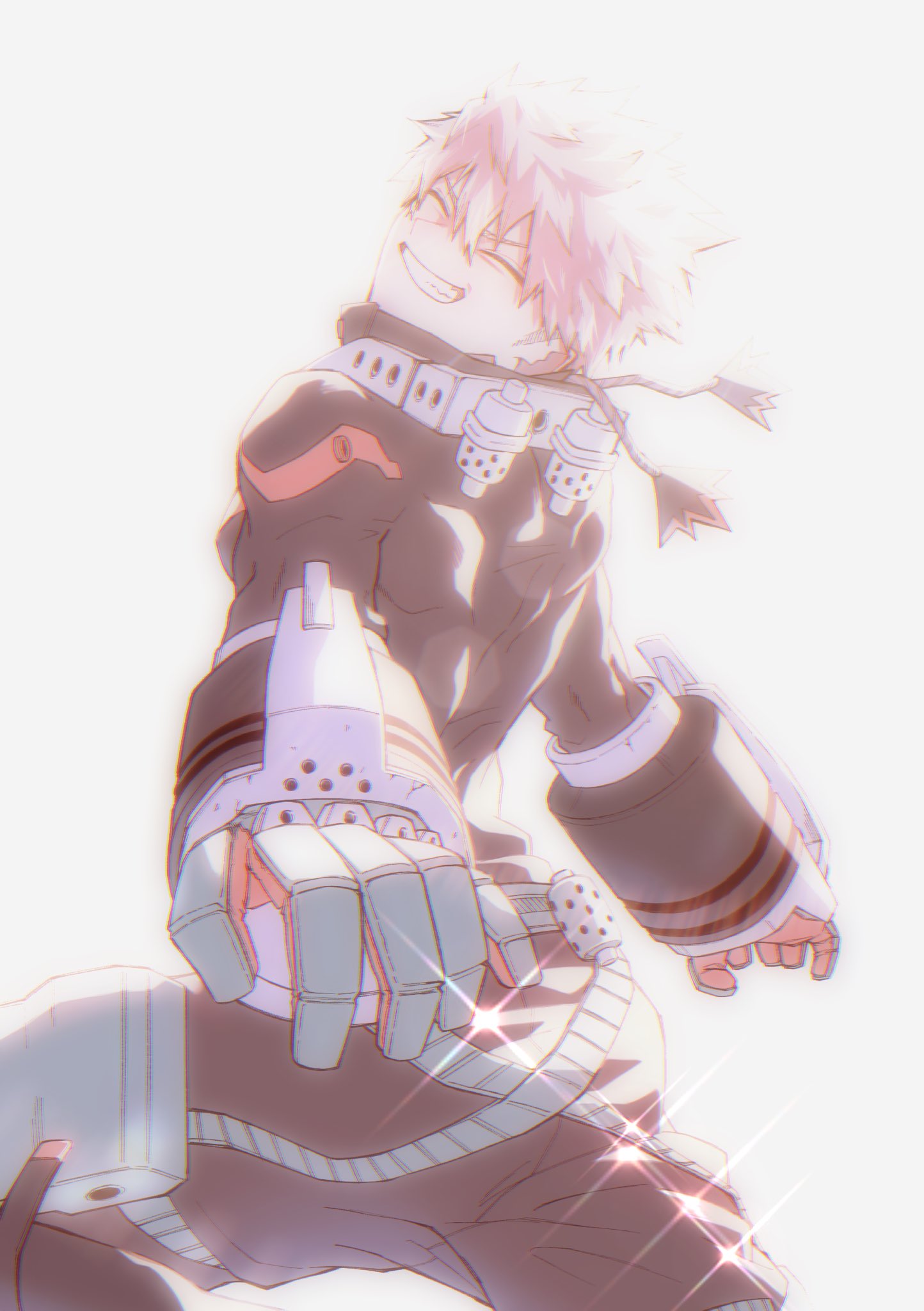 tomomin 1129, bakugou katsuki, boku no hero academia, highres, 1boy, back muscles, belt, black pants, black shirt, blonde hair, closed eyes, cowboy shot, gloves, green belt, grin, hair between eyes, male focus, pants, shirt, short hair, simple background, smile, solo, sparkle, superhero costume, teeth, white background
