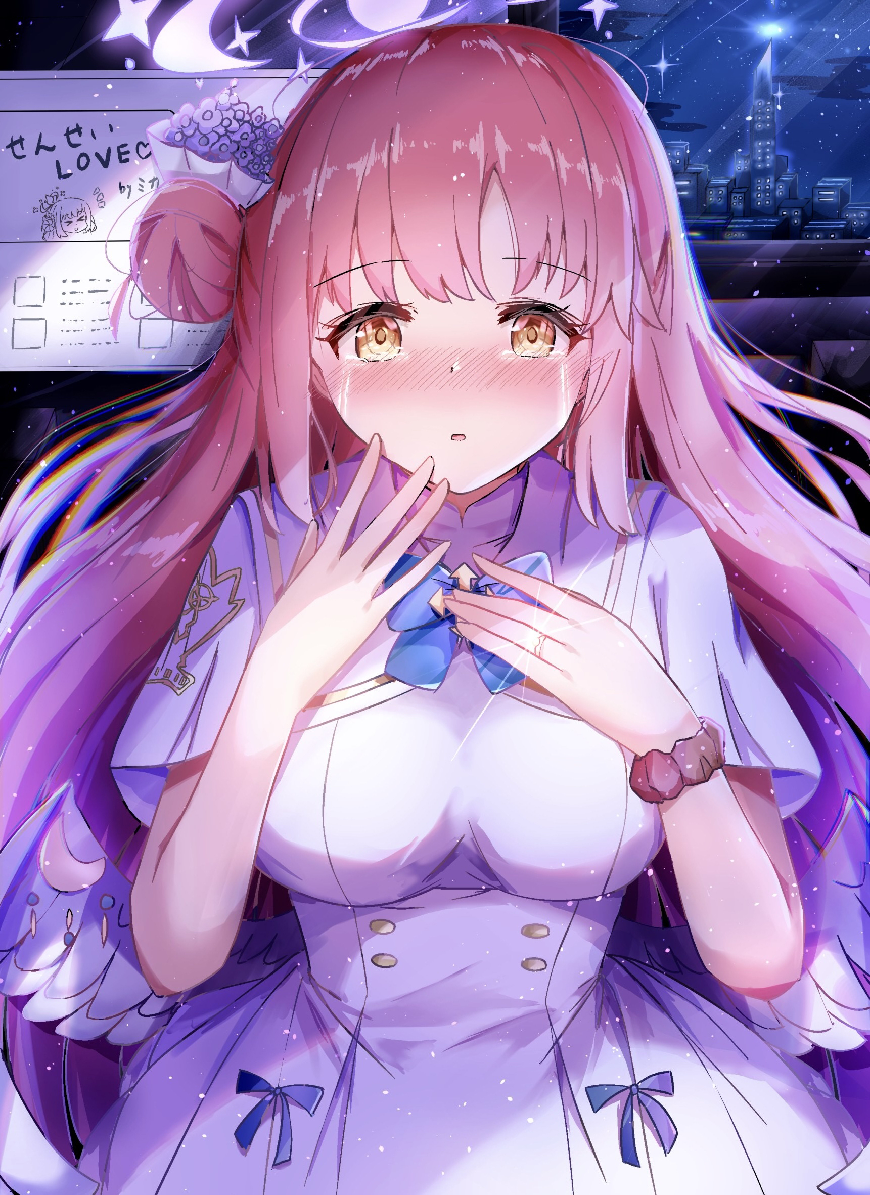 torabera, mika (blue archive), blue archive, commentary request, highres, 1girl, angel wings, blue bow, blush, bow, breasts, building, buttons, capelet, crying, crying with eyes open, double-breasted, dress, english text, feathered wings, flower, glint, gold trim, hair bun, hair flower, hair ornament, halo, hands up, happy tears, jewelry, long hair, low wings, marriage proposal, medium breasts, night, nose blush, open mouth, pink hair, pink halo, ring, single hair bun, single side bun, solo, streaming tears, tears, very long hair, white capelet, white dress, white wings, wing ornament, wings, yellow eyes
