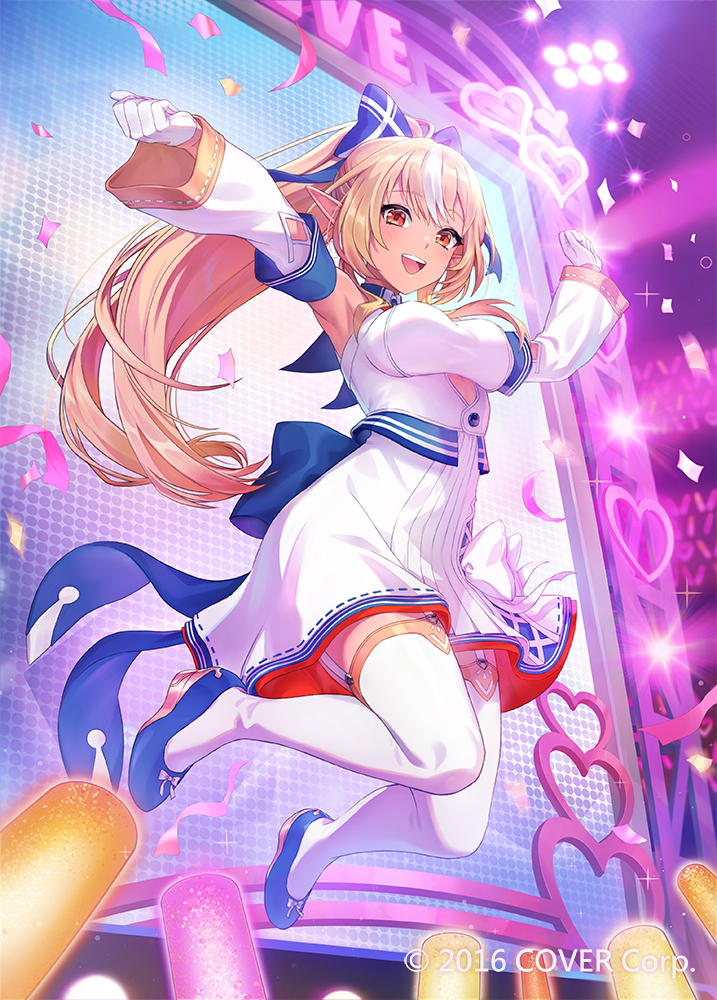 umieekaki, shiranui flare, shiranui flare (1st costume), hololive, official art, 1girl, blonde hair, blue bow, blue shoes, bow, breasts, company name, concert, confetti, copyright notice, dark-skinned female, dark elf, dark skin, detached sleeves, dress, dress bow, elf, full body, garter straps, gloves, glowstick, hair bow, half gloves, high ponytail, jumping, large breasts, long hair, long sidelocks, looking at viewer, multicolored hair, open mouth, orange eyes, penlight (glowstick), pointy ears, ponytail, shoes, sidelocks, smile, solo, stage lights, streaked hair, teeth, thighhighs, upper teeth only, virtual youtuber, white dress, white garter straps, white gloves, white sleeves, white thighhighs, wide sleeves
