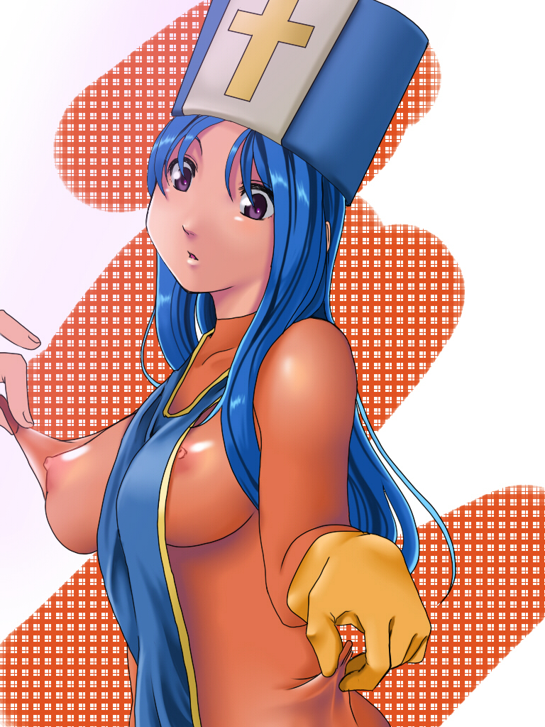 no name ninja, priest (dq3), chunsoft, dragon quest, dragon quest iii, enix, 1girl, blue hair, bodysuit, breasts, covered erect nipples, female focus, gloves, hat, latex, latex gloves, long hair, mitre, nipples, purple eyes, see-through clothes, sideboob, solo, tabard