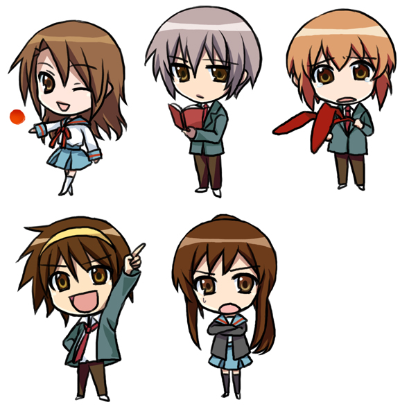 modomu, asahina mikuru, asahina mitsuru, koizumi itsuki, koizumi itsuki (female), kyonko, nagato yuki, nagato yuuki, suzumiya haruhi, suzumiya haruhiko, suzumiya haruhi no yuuutsu, suzumiya haruhiko no yuuutsu, bad id, bad pixiv id, 00s, 2girls, 3boys, chibi, genderswap, genderswap (ftm), genderswap (mtf), multiple boys, multiple girls, ponytail, thighhighs