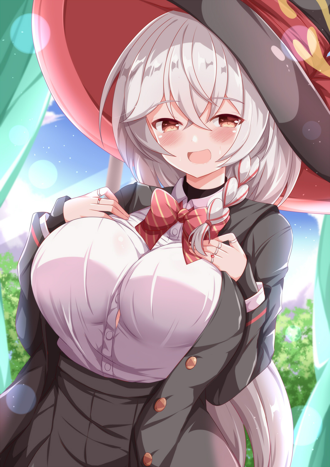 xenon (for achieve), eri (blue archive), blue archive, commentary request, highres, :d, black jacket, black skirt, blazer, blue sky, blush, bow, bowtie, braid, breasts, cloud, collared shirt, crossed bangs, curtains, day, grey hair, hair between eyes, hair ribbon, hat, indoors, jacket, large breasts, lens flare, long hair, long sleeves, looking at viewer, open mouth, pleated skirt, red bow, red bowtie, red eyes, ribbon, school uniform, shirt, skirt, sky, smile, upper body, very long hair, white shirt, window, witch hat