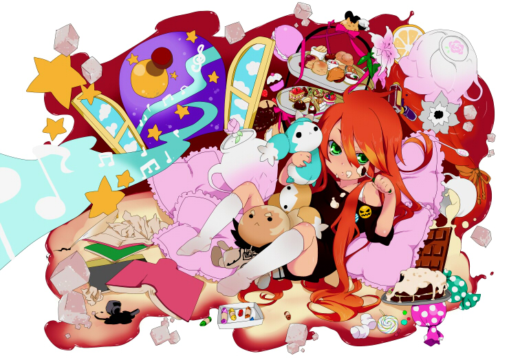 numeri, luke fon fabre, mieu (tales), tales of (series), tales of the abyss, bad id, bad pixiv id, 00s, 1boy, cake, chocolate, colorful, eating, food, green eyes, long hair, male focus, orange hair, pastry, socks, solo, stuffed animal, stuffed toy, sweets, trap